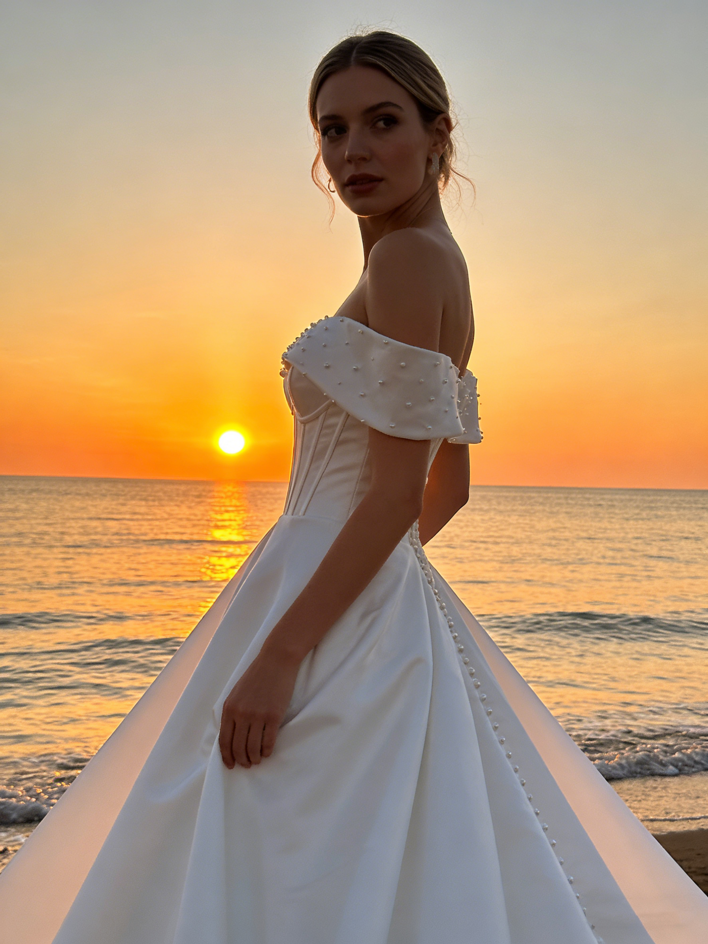 CS237 Elegant Off-the-Shoulder Satin A-Line Wedding Dress with Corset Bodice & Pearl Detailing