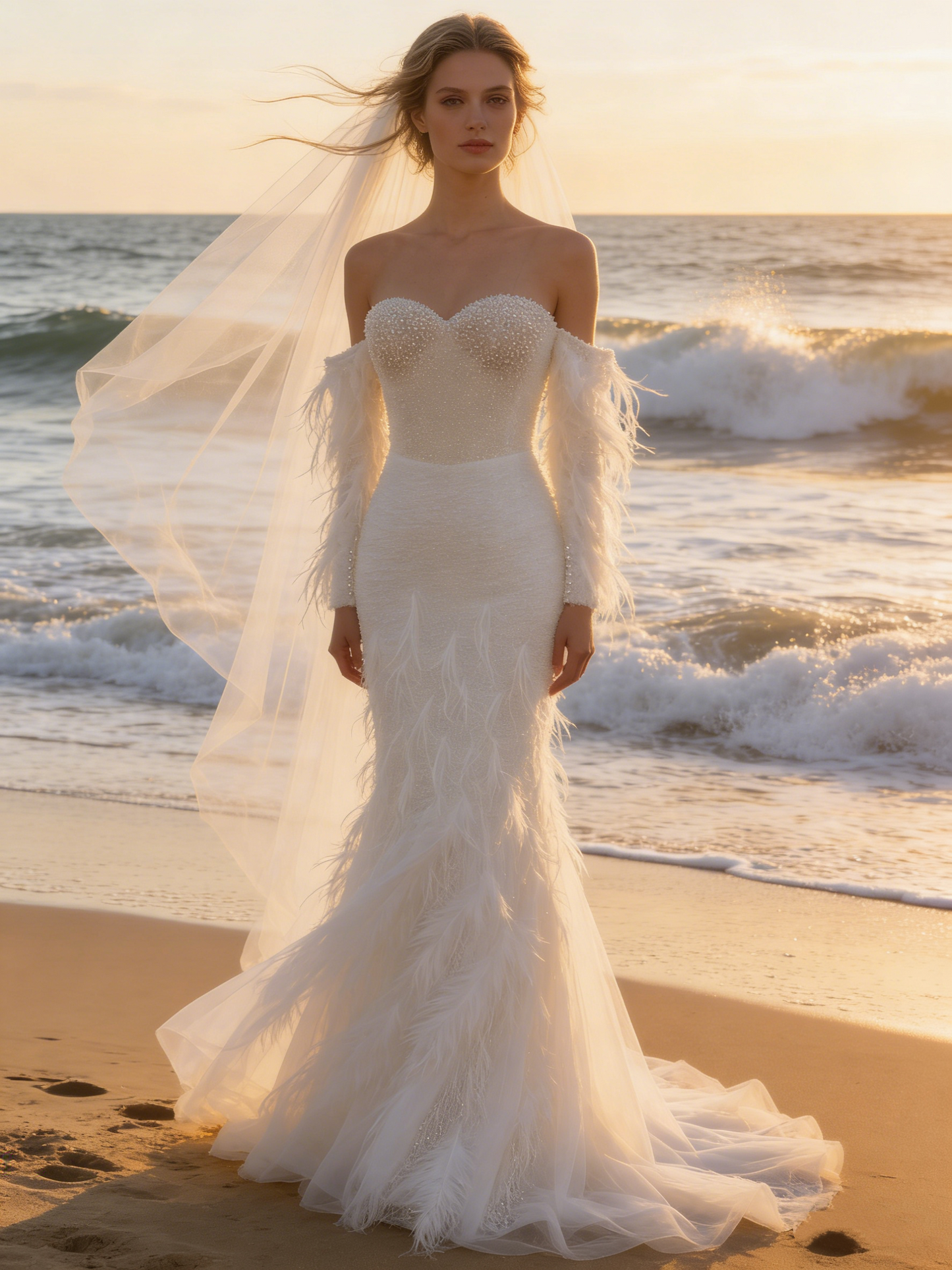 CS220 Luxury Beaded Mermaid Wedding Dress with Detachable Feather Sleeves