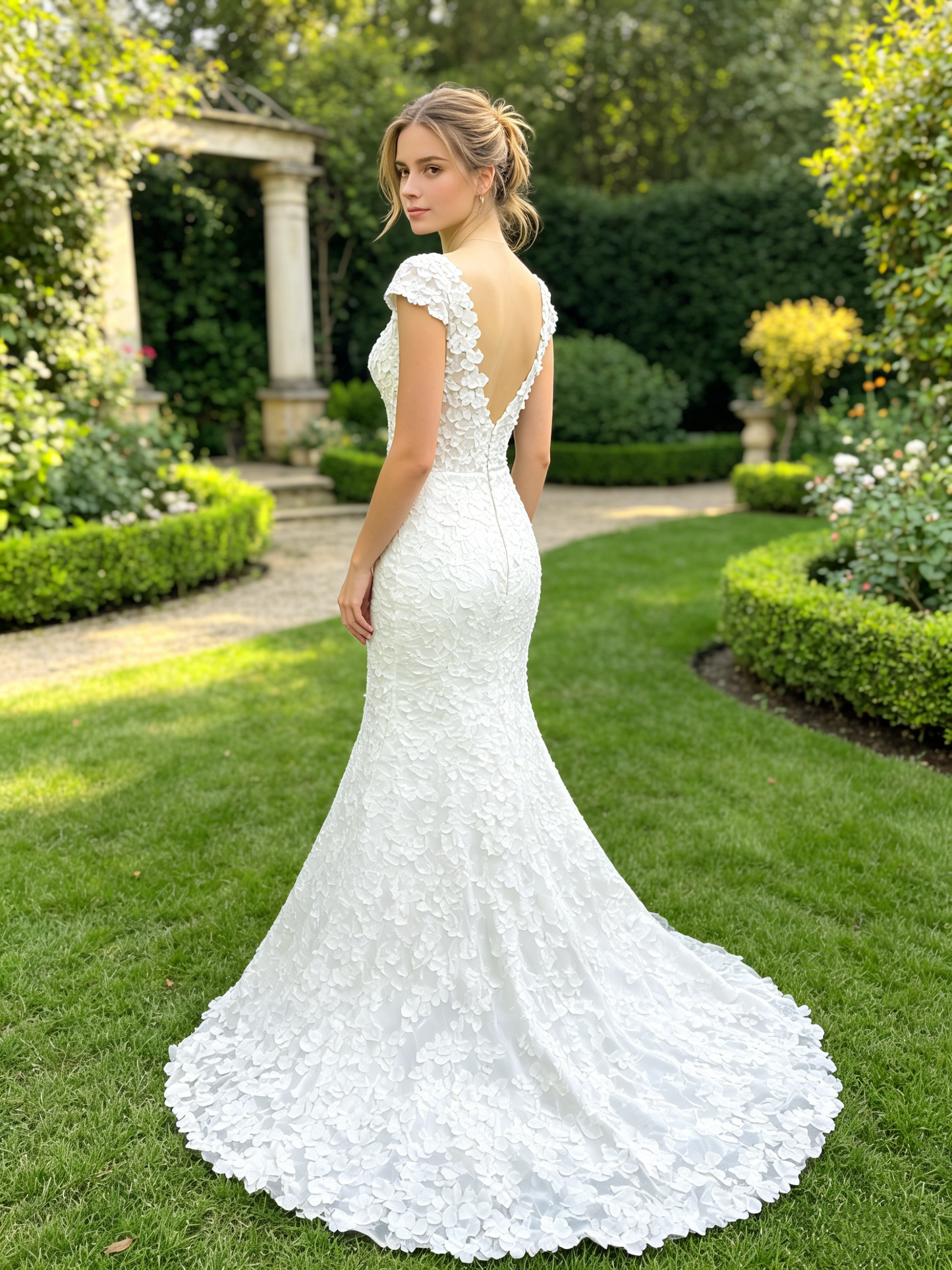 CS263 Elegant Satin Mermaid Wedding Dress with Plunging V Back & 3D Floral Applique