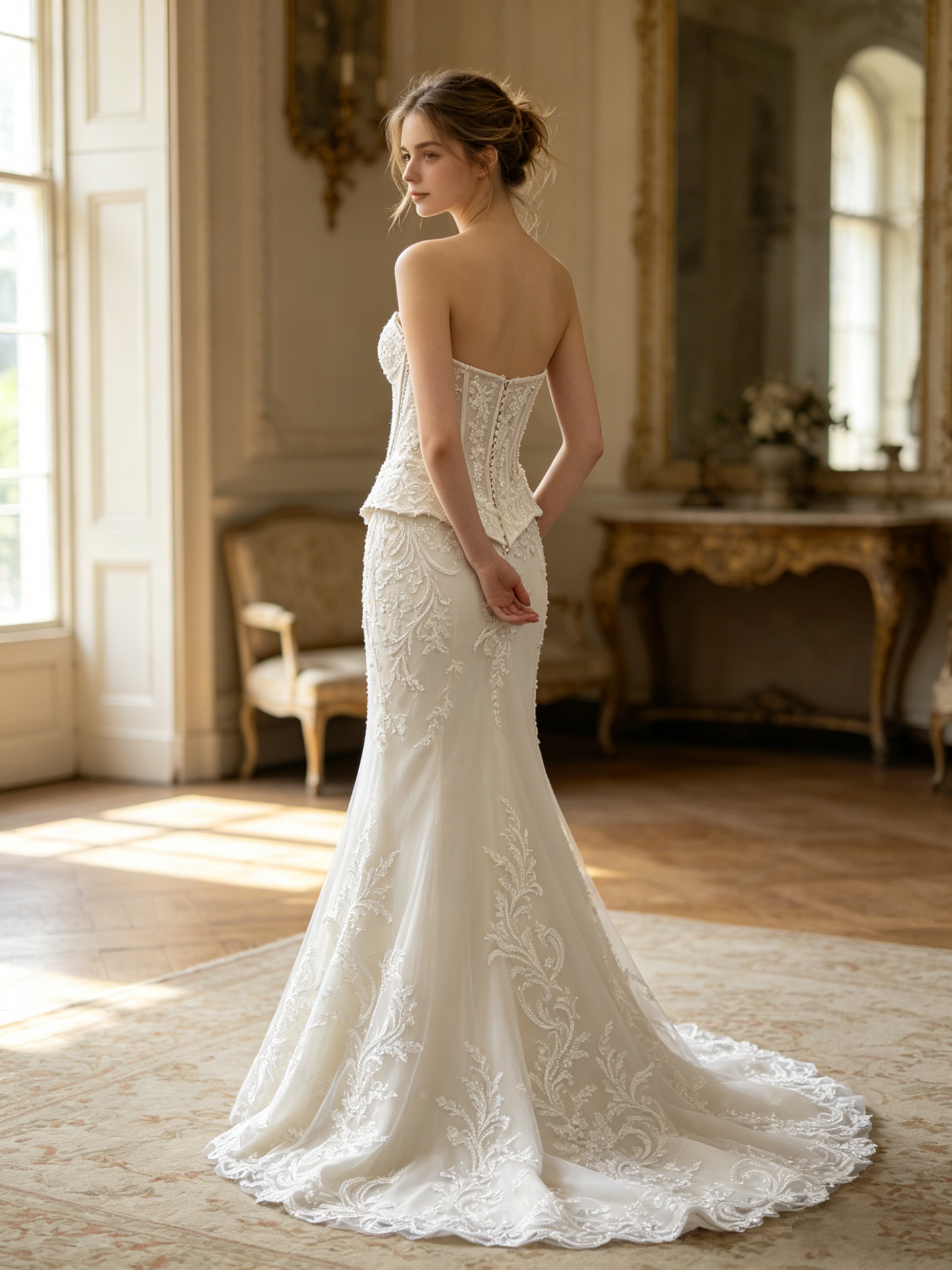 CN346 Beaded Lace Mermaid Wedding Dress with Corset Bodice & Peplum