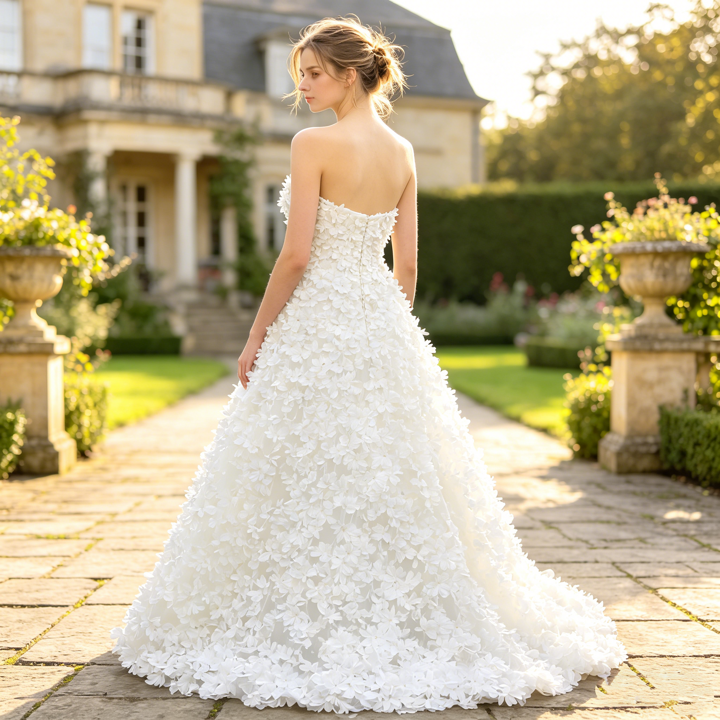 CS292 Strapless 3D Floral A-Line Wedding Dress with Pearl Accents & Chapel Train