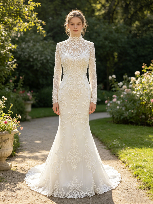 CN311 High Neck Long Sleeve Mermaid Wedding Dress with Beaded Lace Appliqués