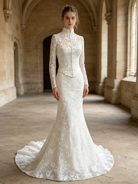 CN322 Convertible Strapless Mermaid Wedding Dress with High Neck Lace Jacket
