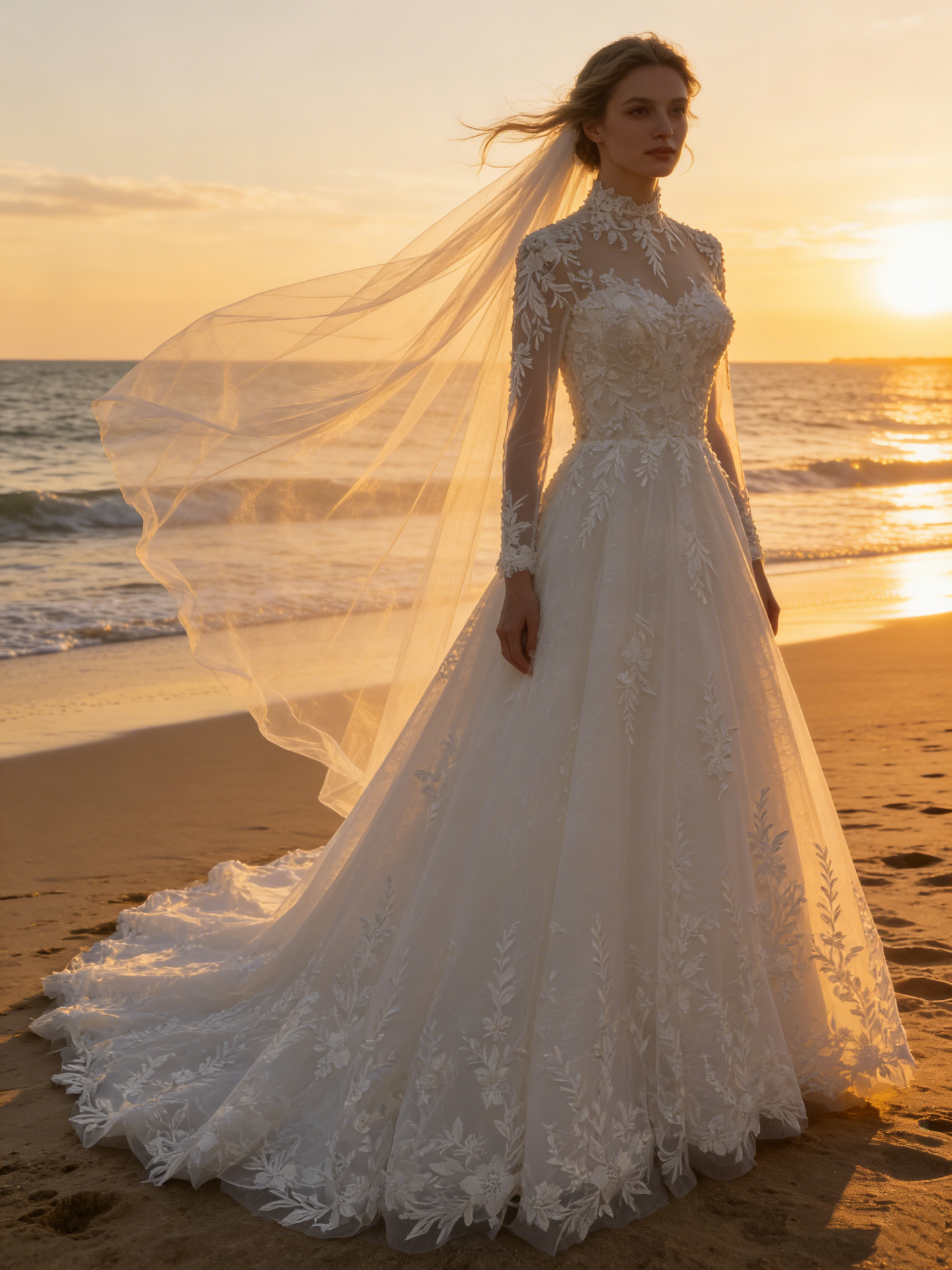 CS188  Luxury High Neck Long Sleeve Lace A-Line Wedding Dress with Illusion Back & Button Detailing
