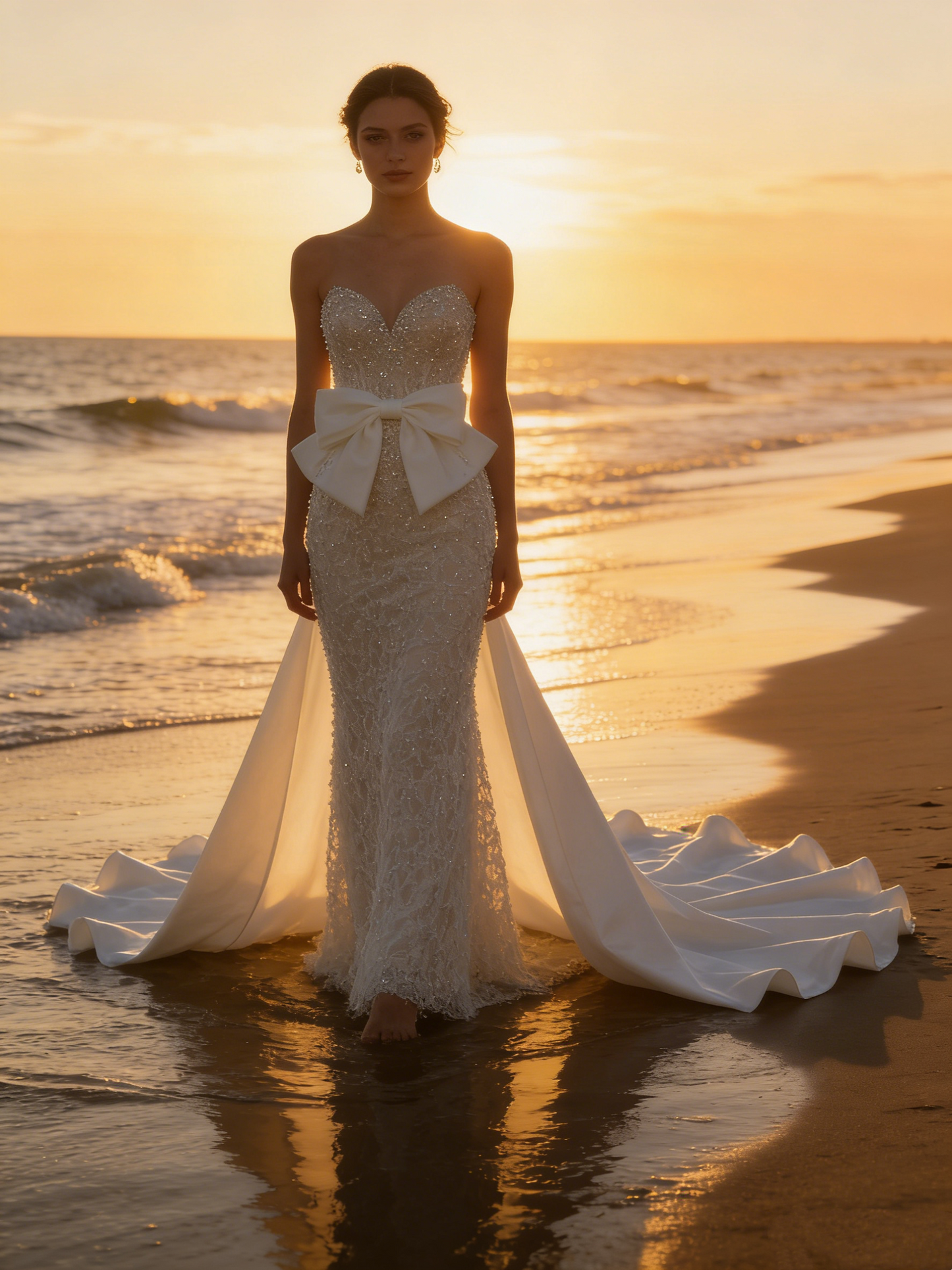 ZT004 Strapless Sweetheart Mermaid Wedding Dress with Detachable Oversized Bow Train & Beaded Bodice