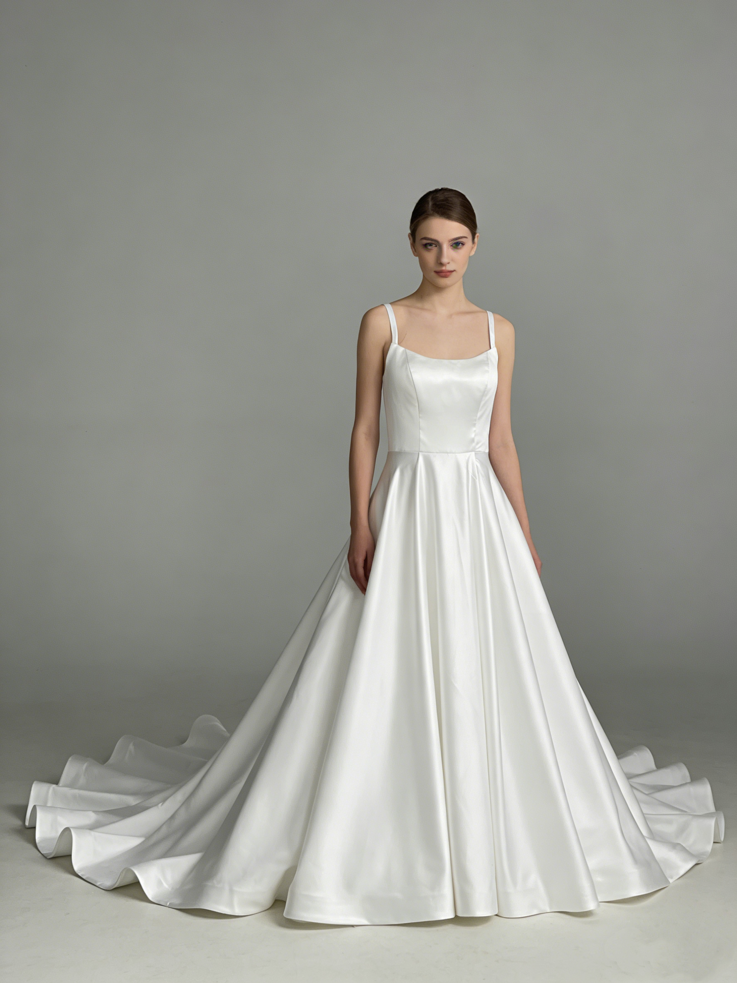 LJX191 Elegant Square Neck Satin A-Line Wedding Dress with Covered Button Back