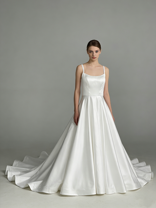 LJX191 Elegant Square Neck Satin A-Line Wedding Dress with Covered Button Back