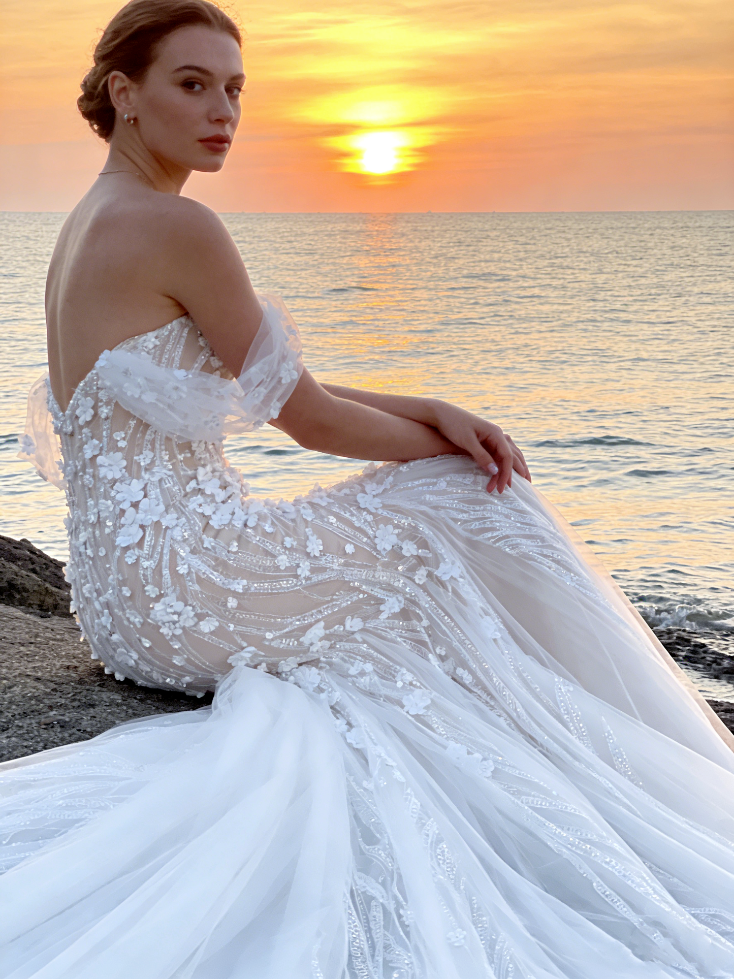 JF002 Off-the-Shoulder Mermaid Wedding Dress with 3D Floral Appliques & Tulle Train