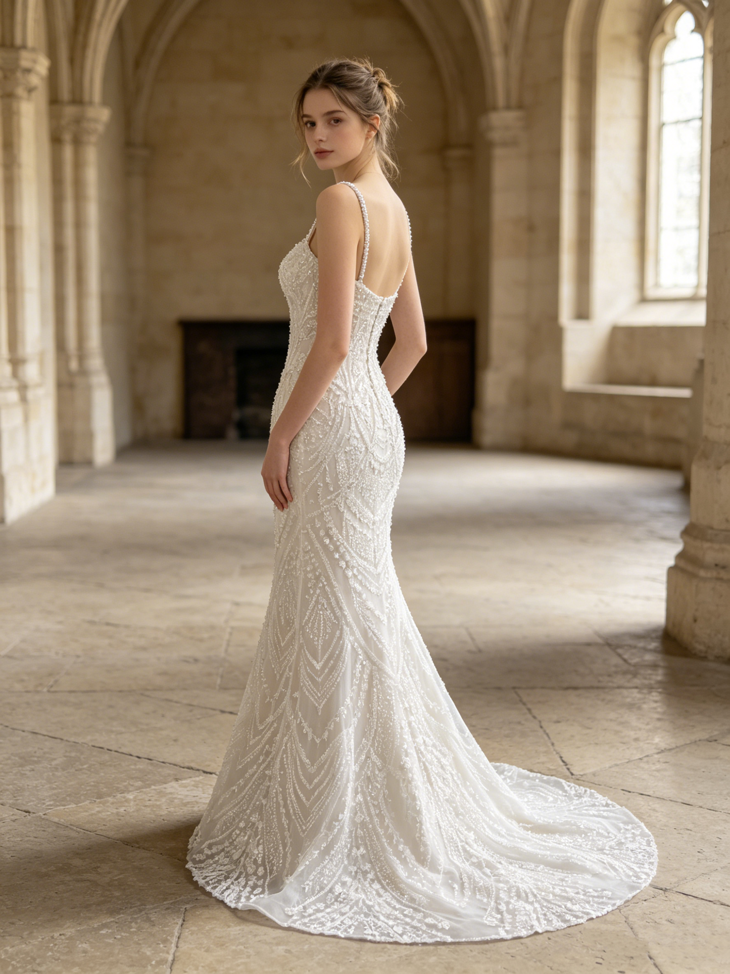 CN352B Beaded Mermaid Wedding Dress with Square Neckline & Pearl Straps