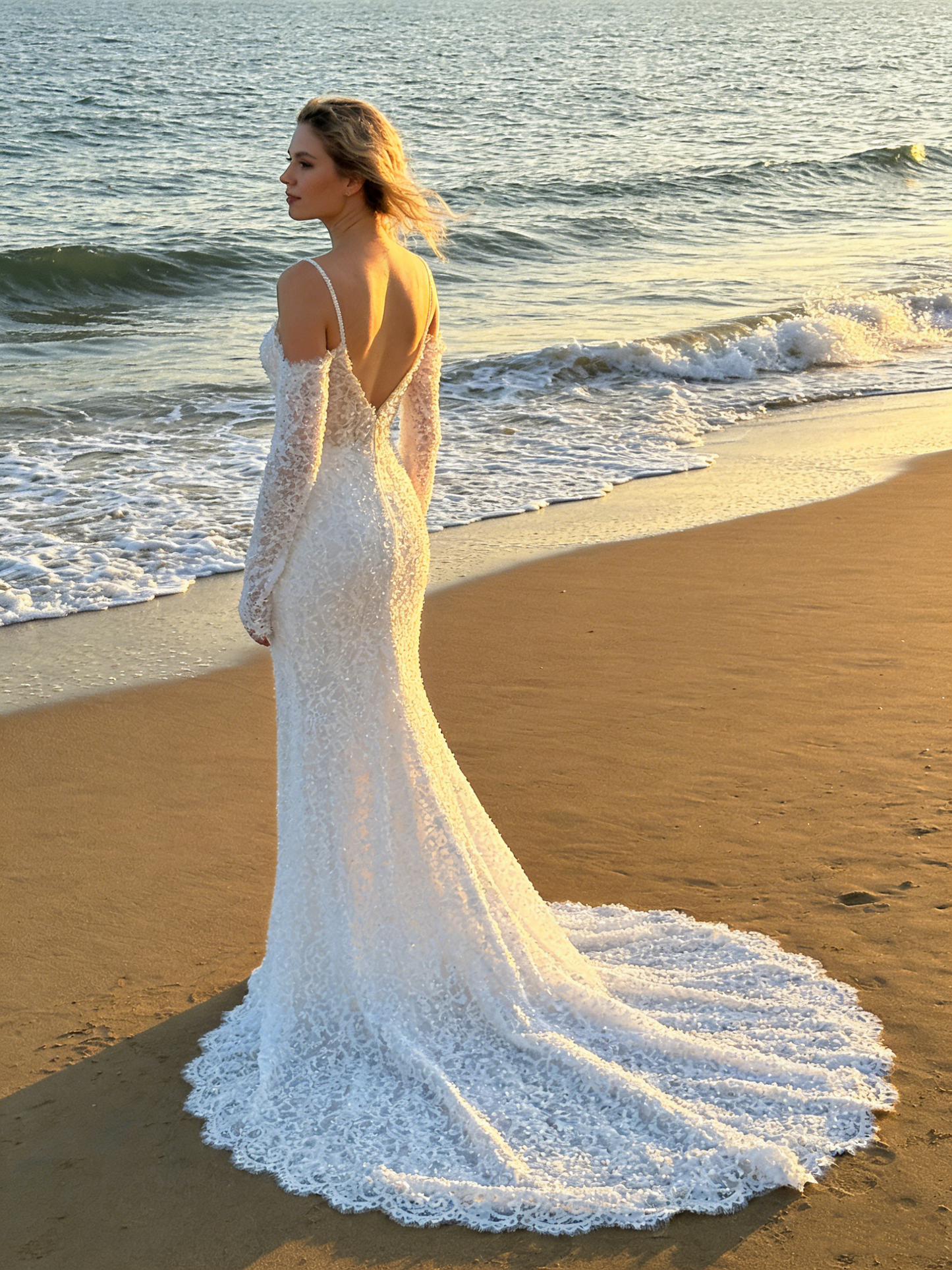 CS208  Luxury Beaded Lace Off-the-Shoulder Mermaid Wedding Dress with Detachable Long Sleeves