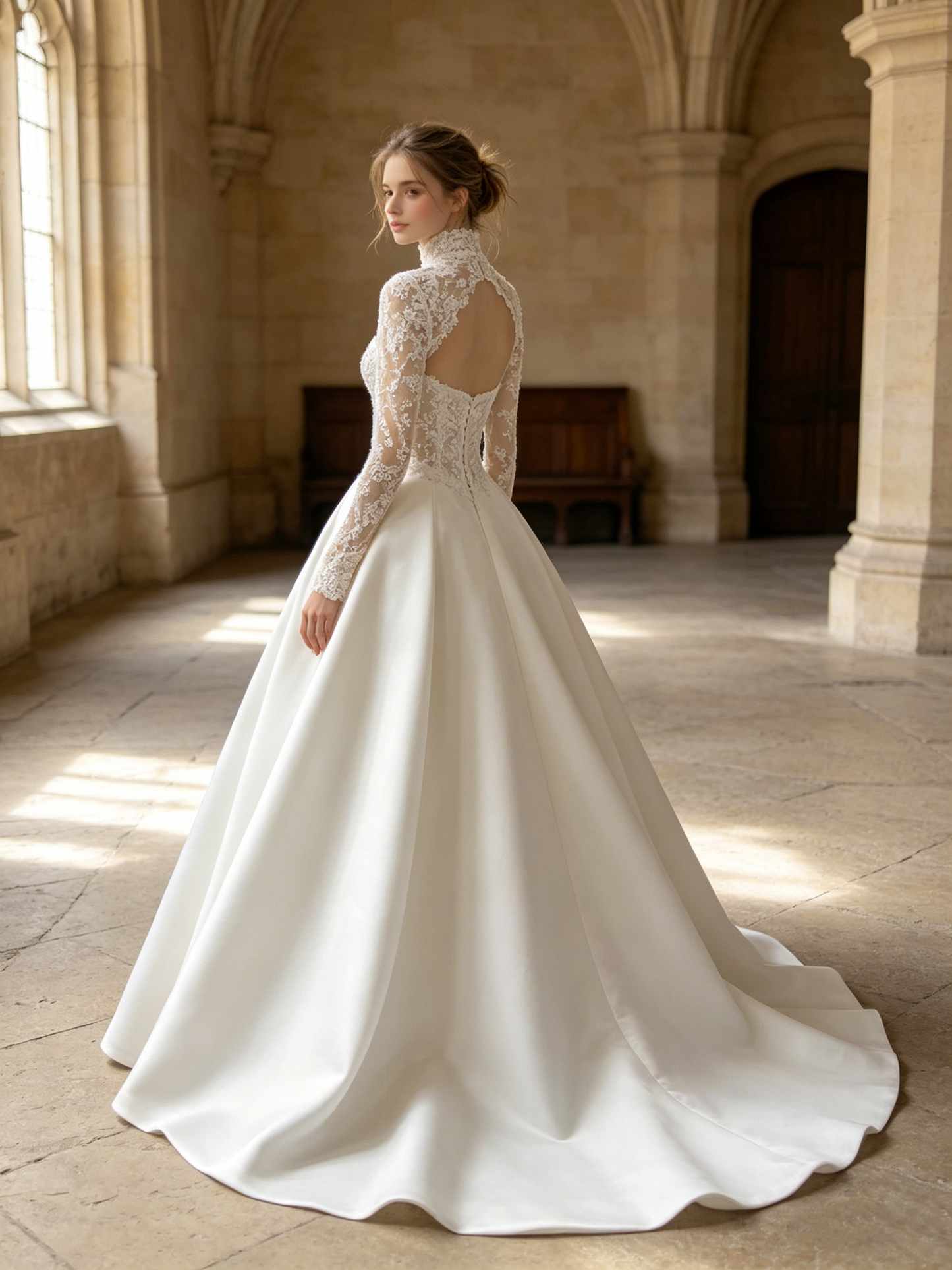 CS418 Strapless Lace & Satin Ball Gown Wedding Dress with Detachable High-Neck Bolero