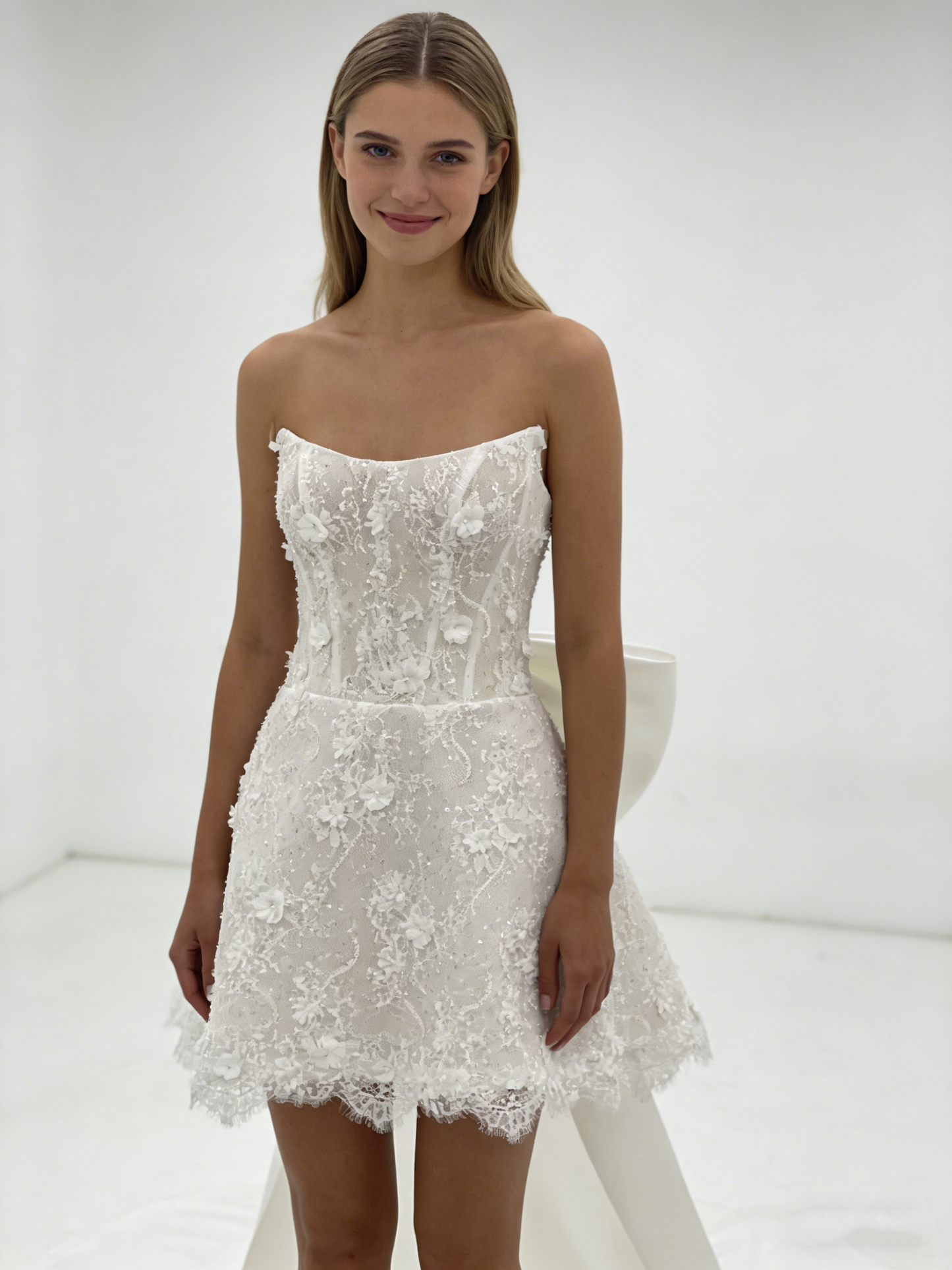 CS114 Elegant Strapless Short Wedding Dress with Oversized Satin Bow & Detachable Train