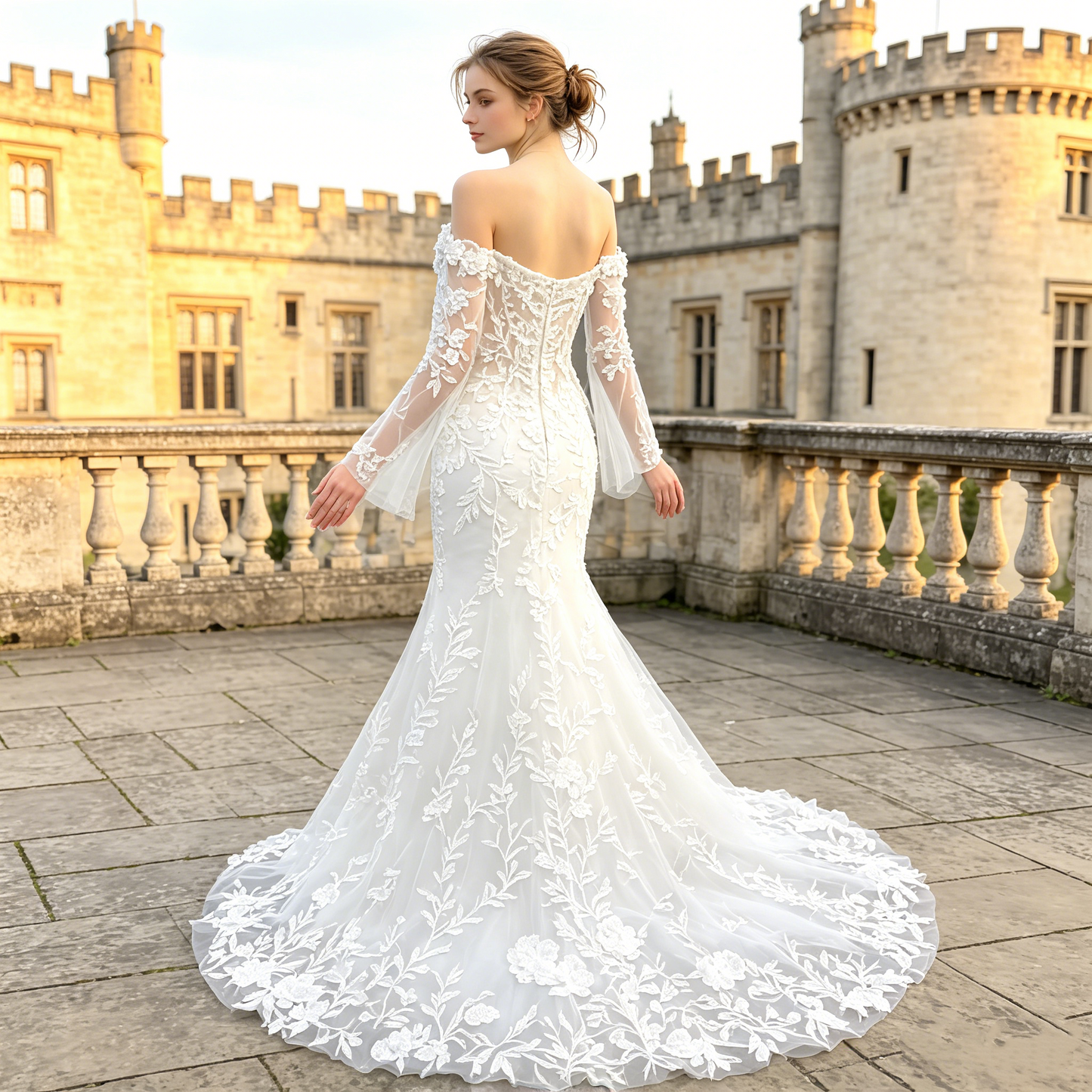 CS291 Off-the-Shoulder Floral Lace Mermaid Wedding Dress with Detachable Tulle Sleeves & Chapel Train