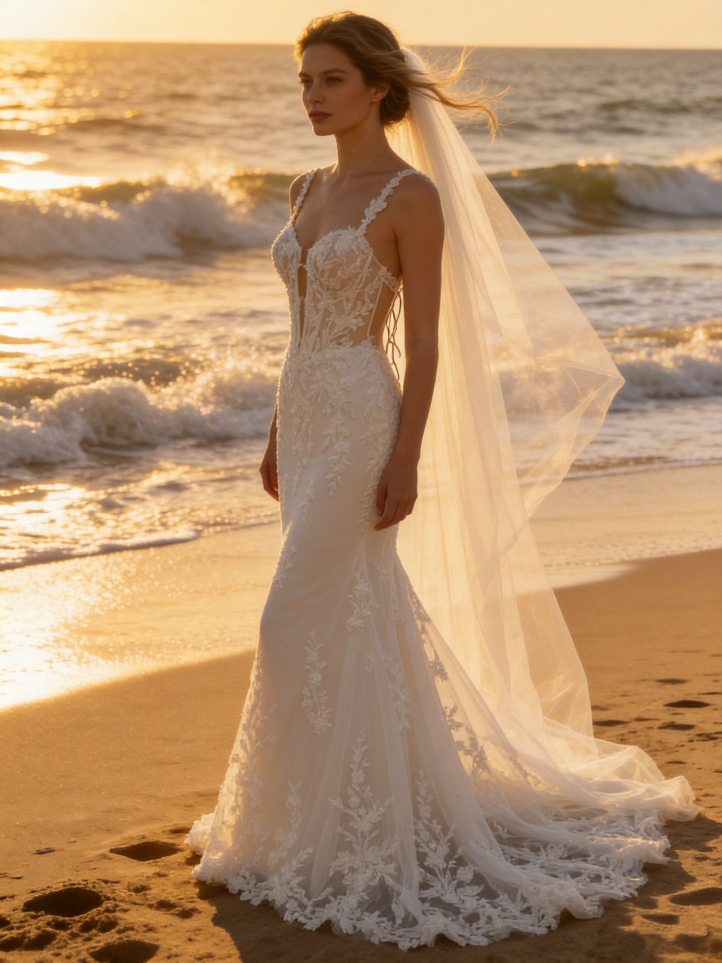 CS178 Luxury Spaghetti Strap Lace Mermaid Wedding Dress with Corset Back & Beaded Detailing