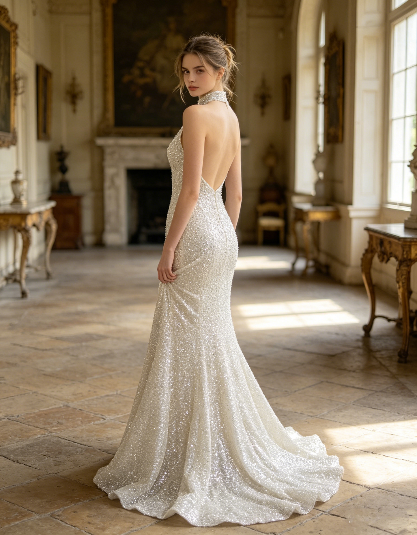 CS352 Halter Neck Beaded Mermaid Wedding Dress with Keyhole Cutout & Low Back