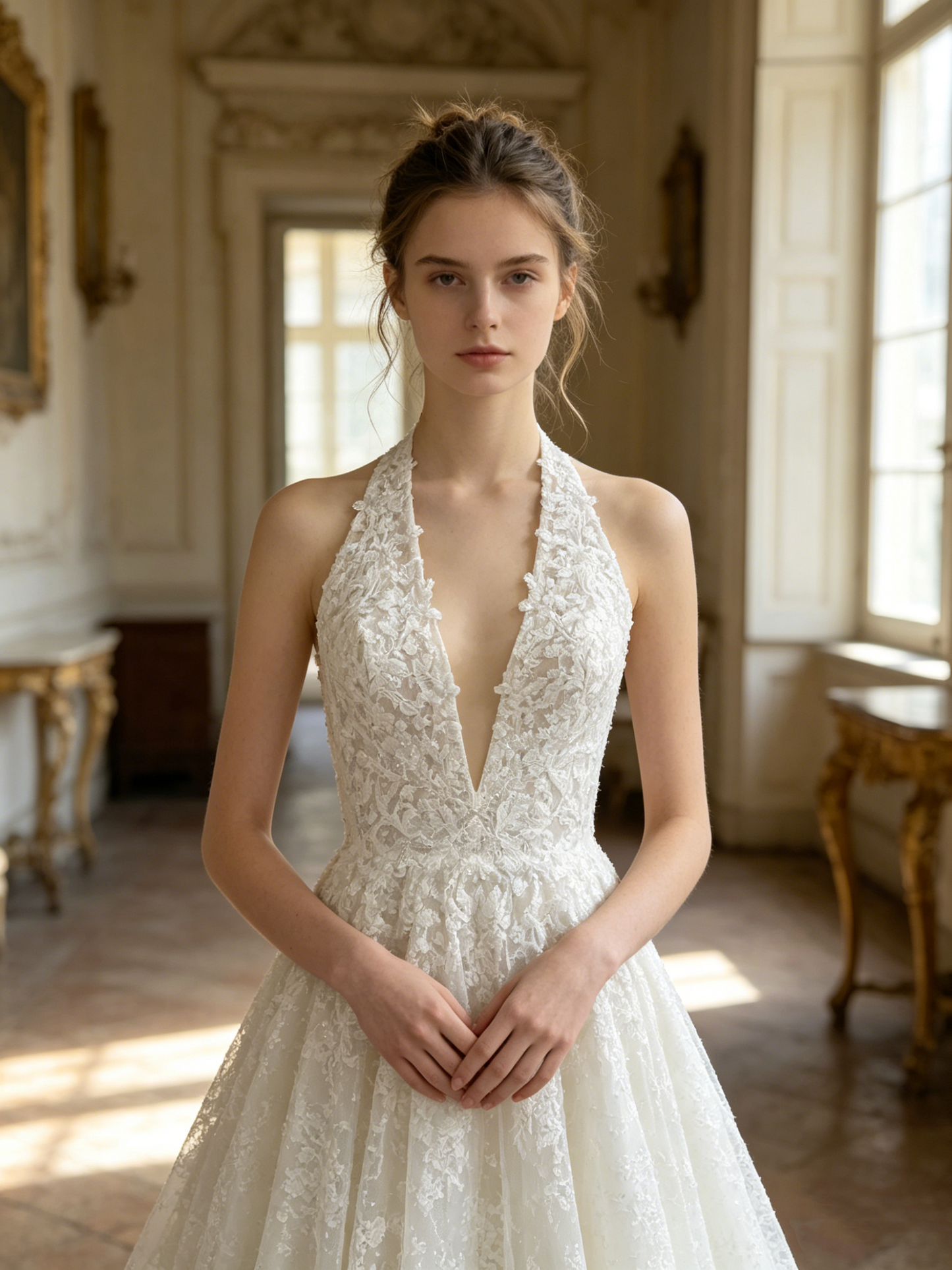 CS382 Halter Neck Lace A-Line Wedding Dress with Corset Back