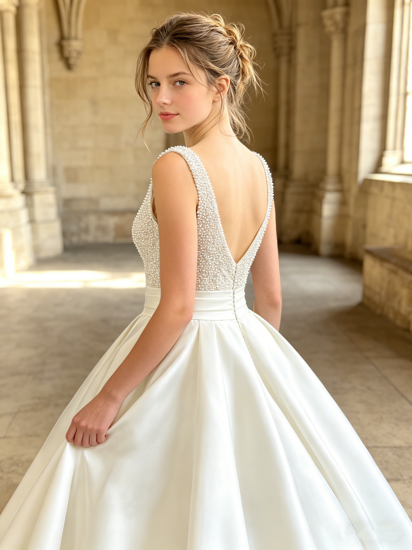 CS272 Luxury Pearl Beaded Satin Ball Gown Wedding Dress with Deep V-Neck & Chapel Train
