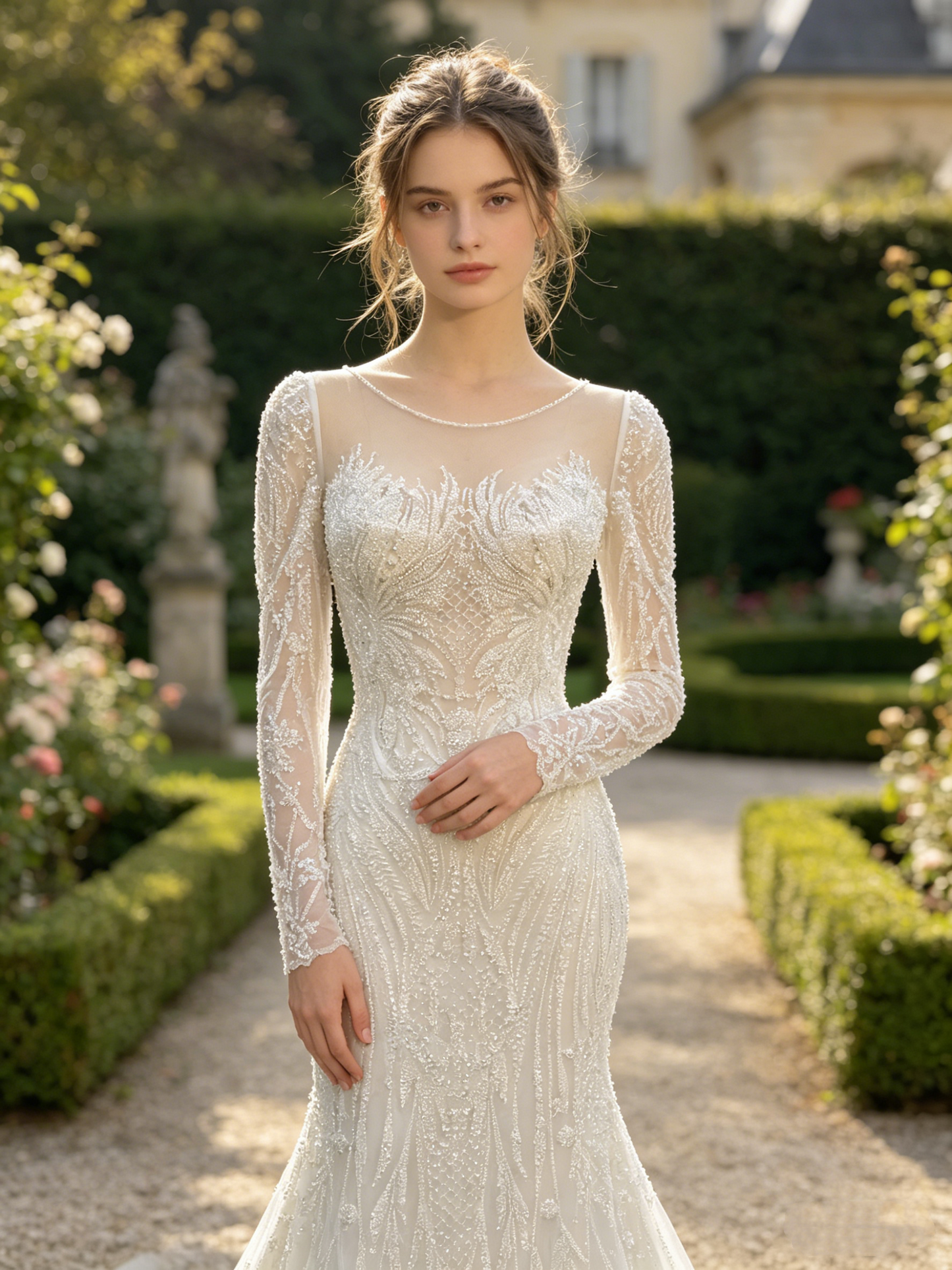 CS436 Beaded Mermaid Wedding Dress with Long Sleeves & Illusion Neckline