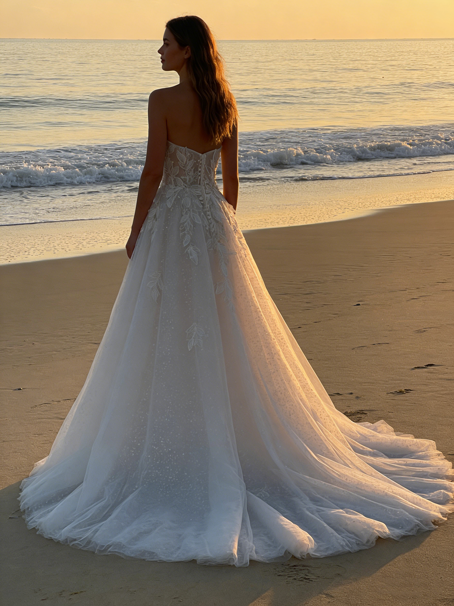 CS147 Romantic Leaf Lace Strapless A-Line Wedding Dress with Button Back & Ruffled Train
