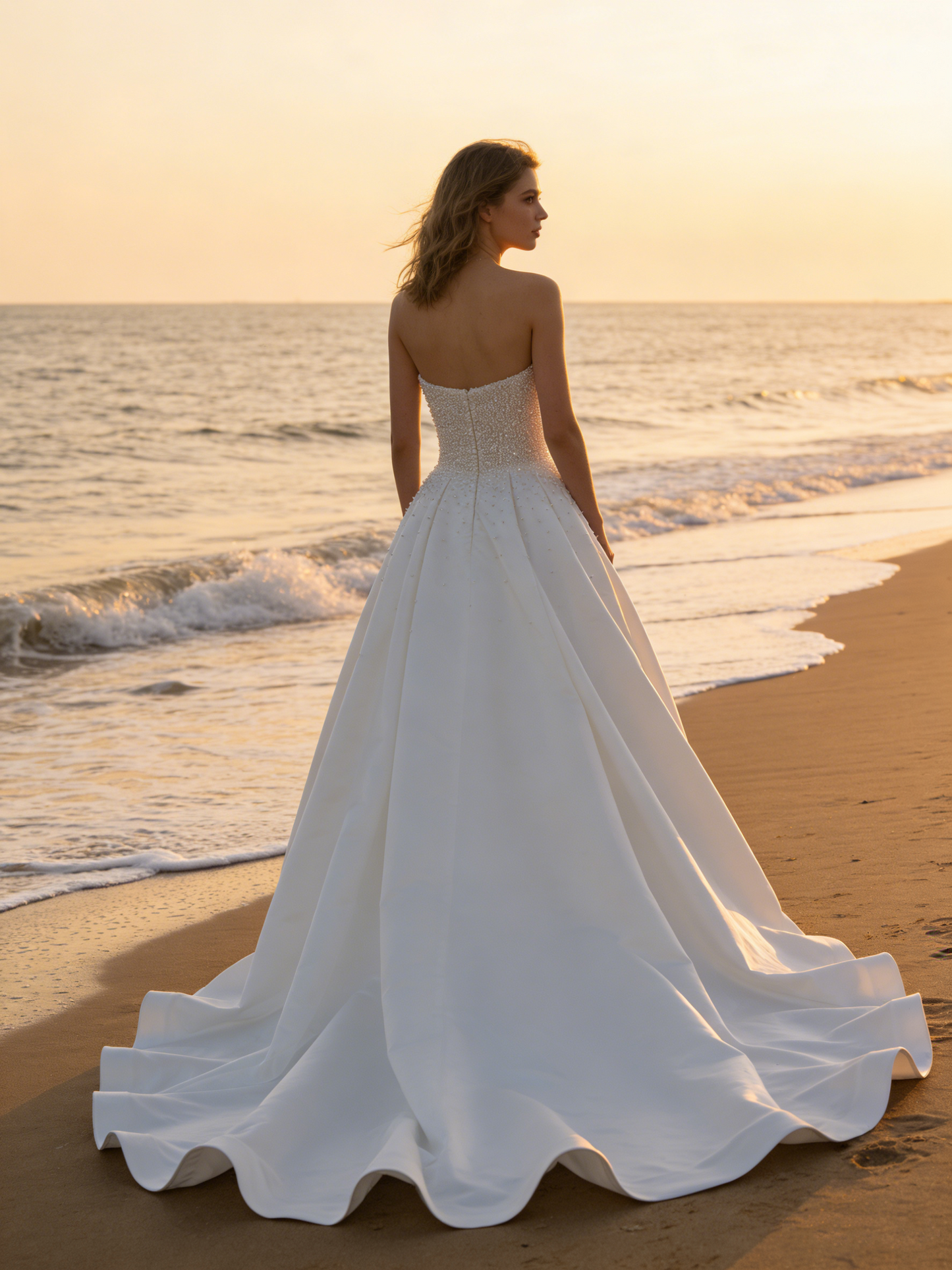 CS211  Elegant Satin A-Line Wedding Dress with Pearl-Embellished Corset Bodice