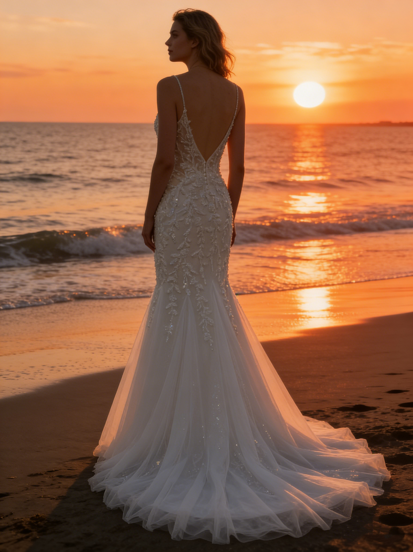 CS257 Elegant Beaded Spaghetti Strap Mermaid Wedding Dress with Illusion Back &amp; Ruffle Train