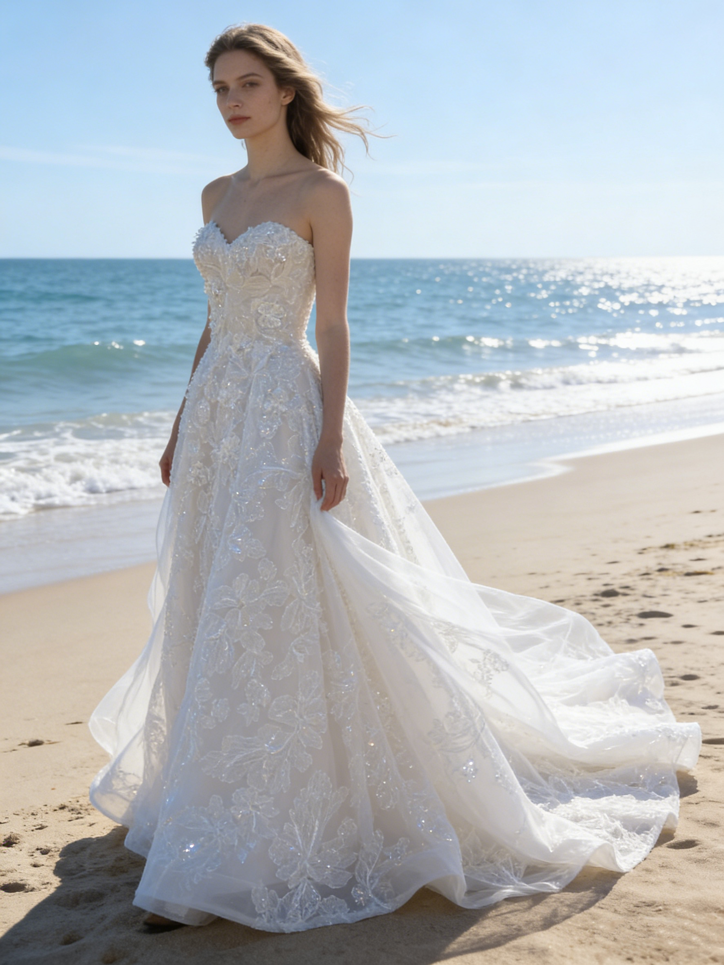 CS127 Luxury 3D Floral Lace Strapless A-Line Wedding Dress with Corset Back & Cathedral Train