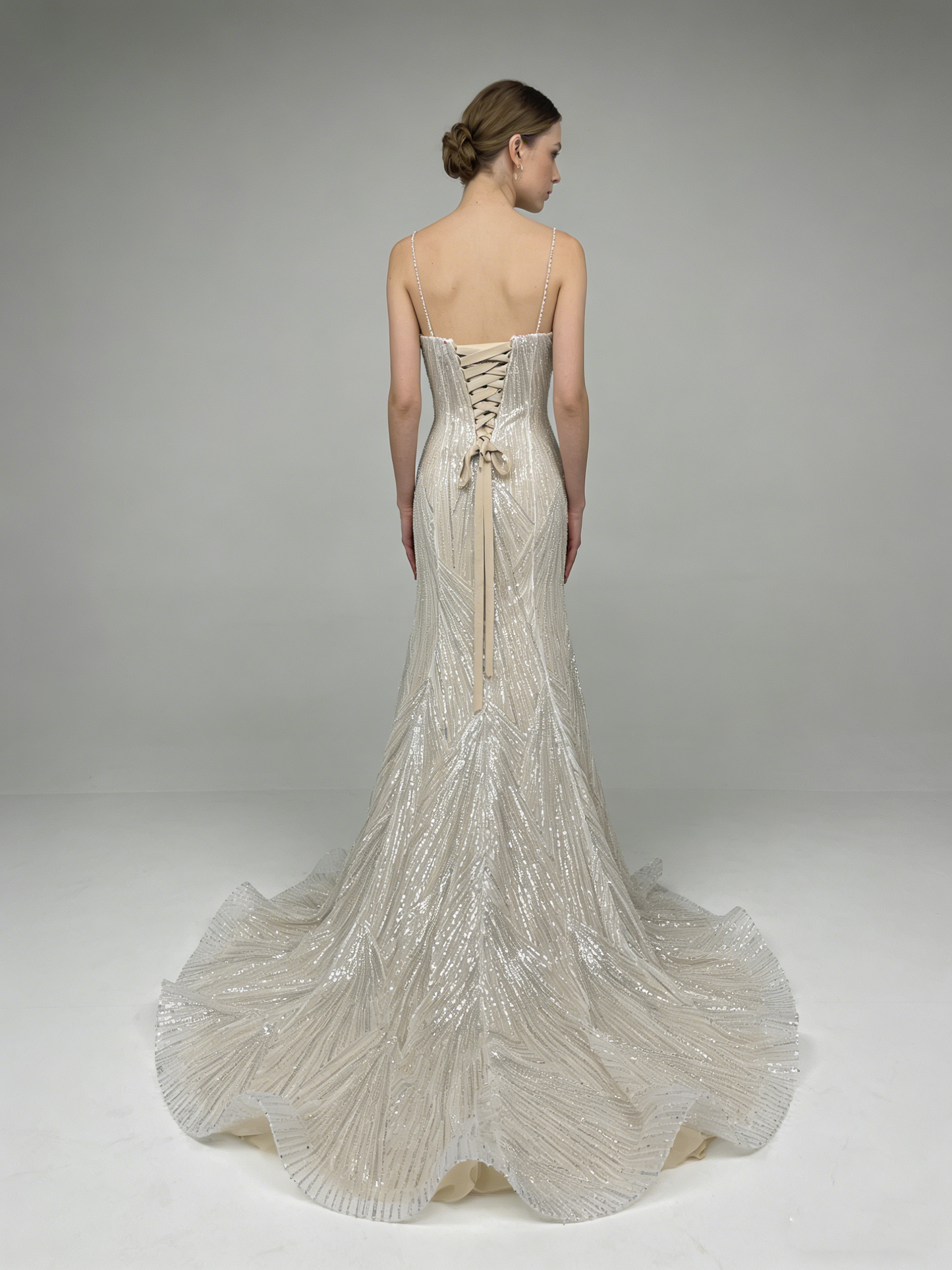 LJZ143 Sparkling Beaded Mermaid Wedding Dress with Spaghetti Straps & Corset Back