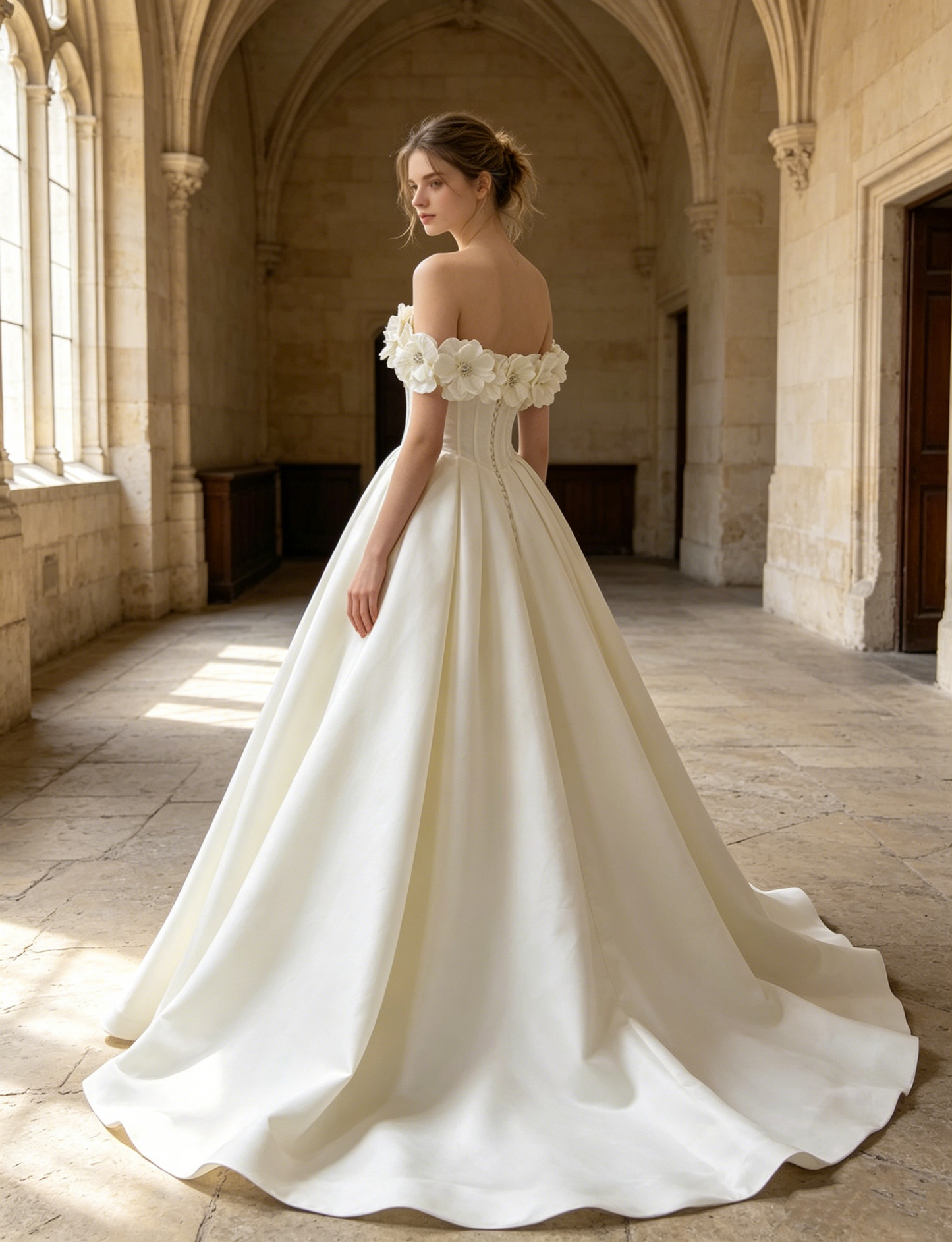 CS351 Strapless Satin A-Line Wedding Dress with 3D Floral Appliqués & Corset Bodice