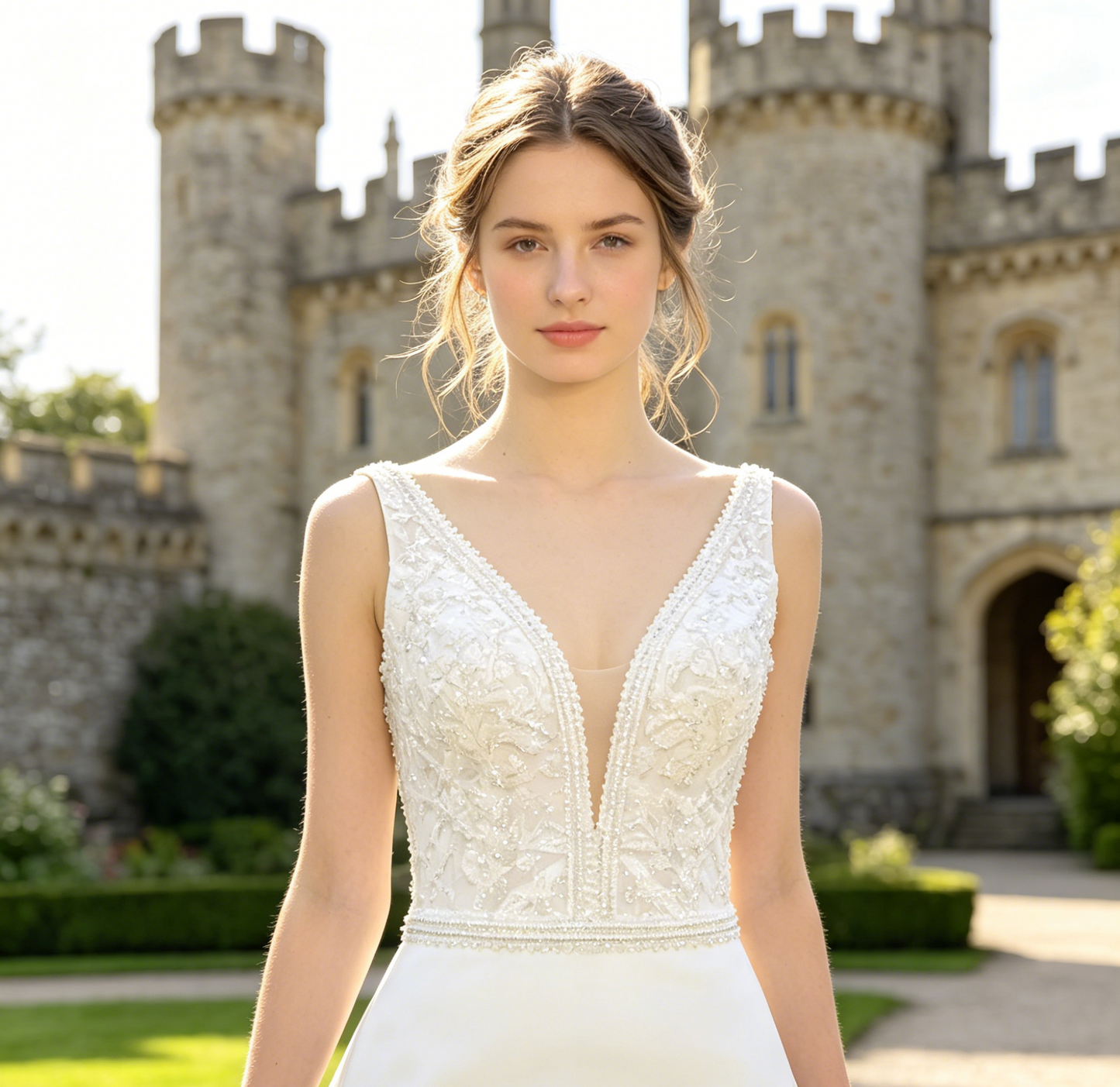 CS167 Elegant Beaded Lace Mermaid Wedding Dress with Plunging V-Neck & Chapel Train