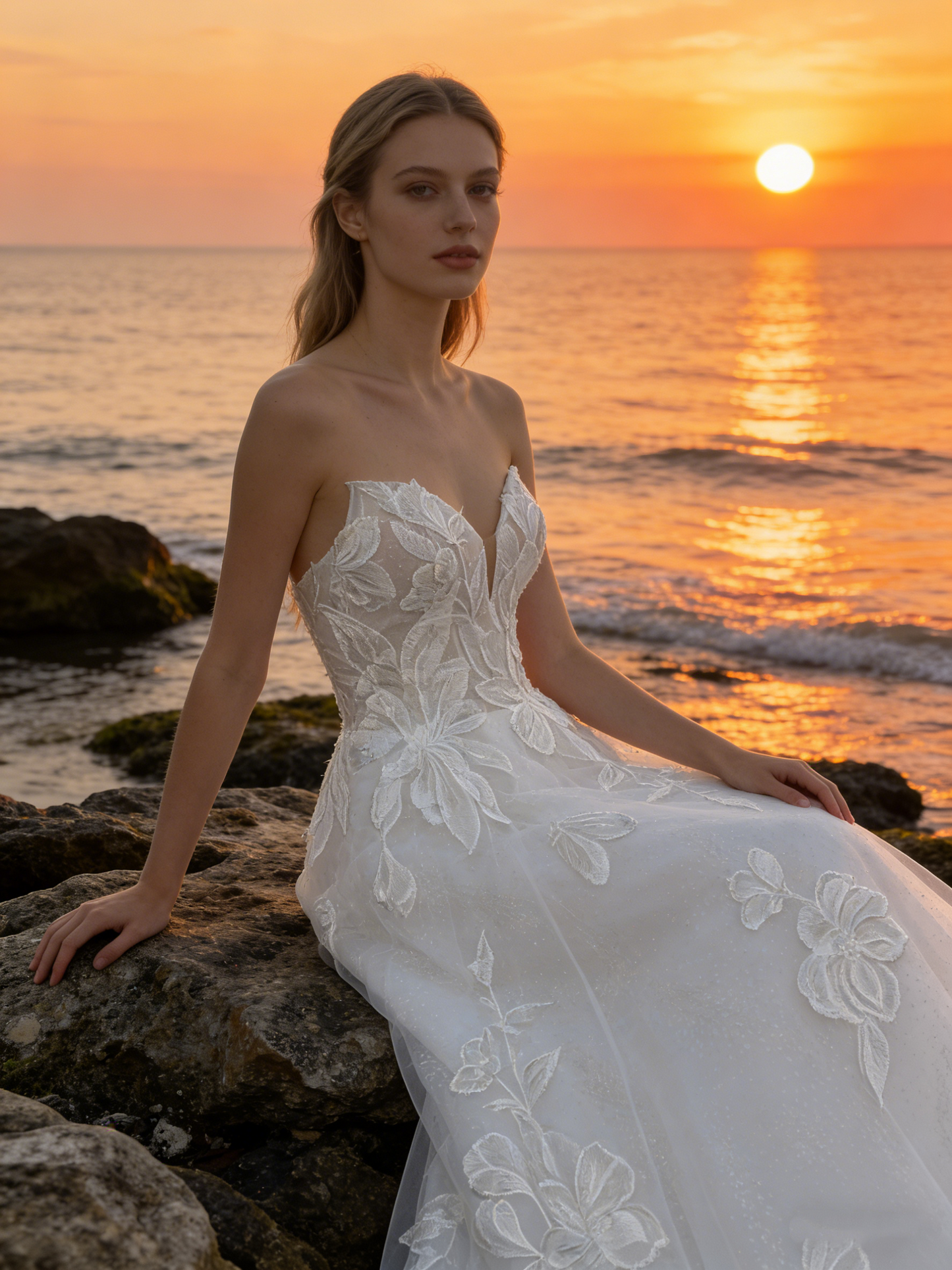 CS252  Elegant Strapless Sweetheart A-Line Wedding Dress with 3D Floral Lace & Sparkle Tulle