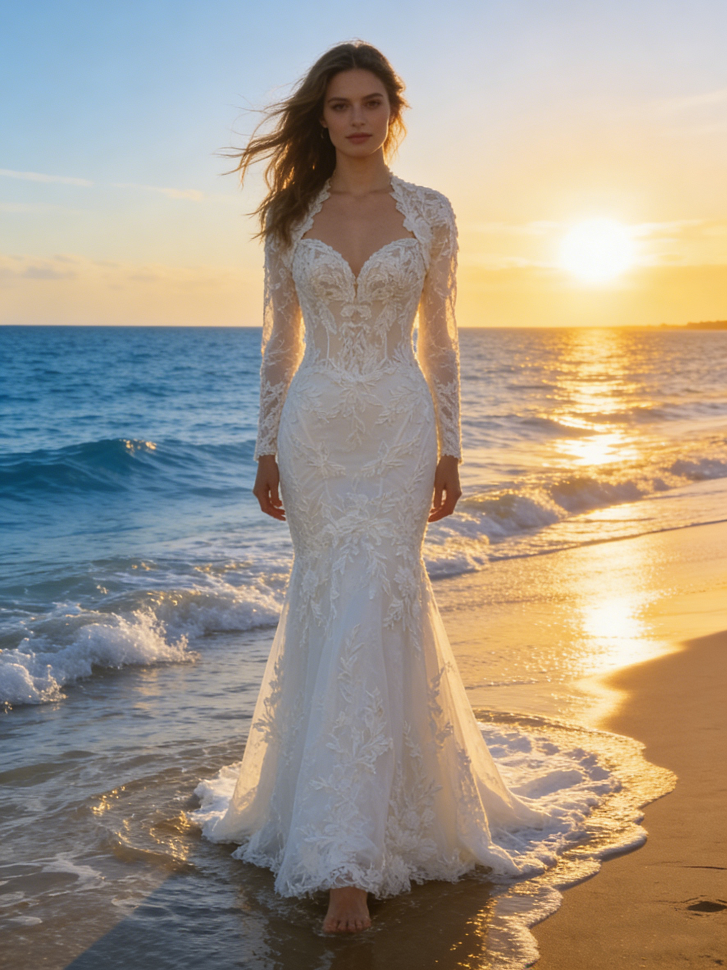 ZT005  Elegant High Neck Long Sleeve Mermaid Wedding Dress with 3D Lace Appliqué & Keyhole Cutout