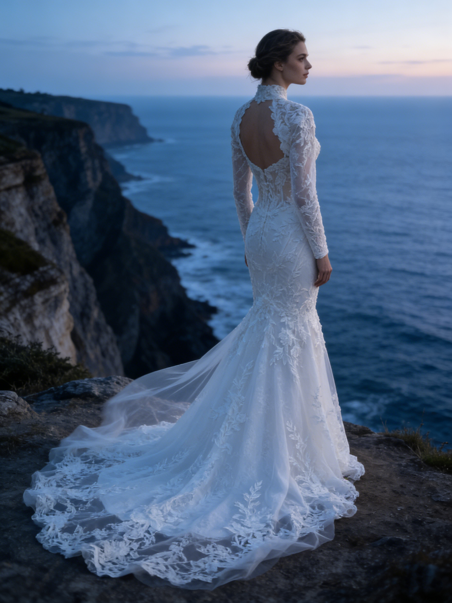 ZT005  Elegant High Neck Long Sleeve Mermaid Wedding Dress with 3D Lace Appliqué & Keyhole Cutout