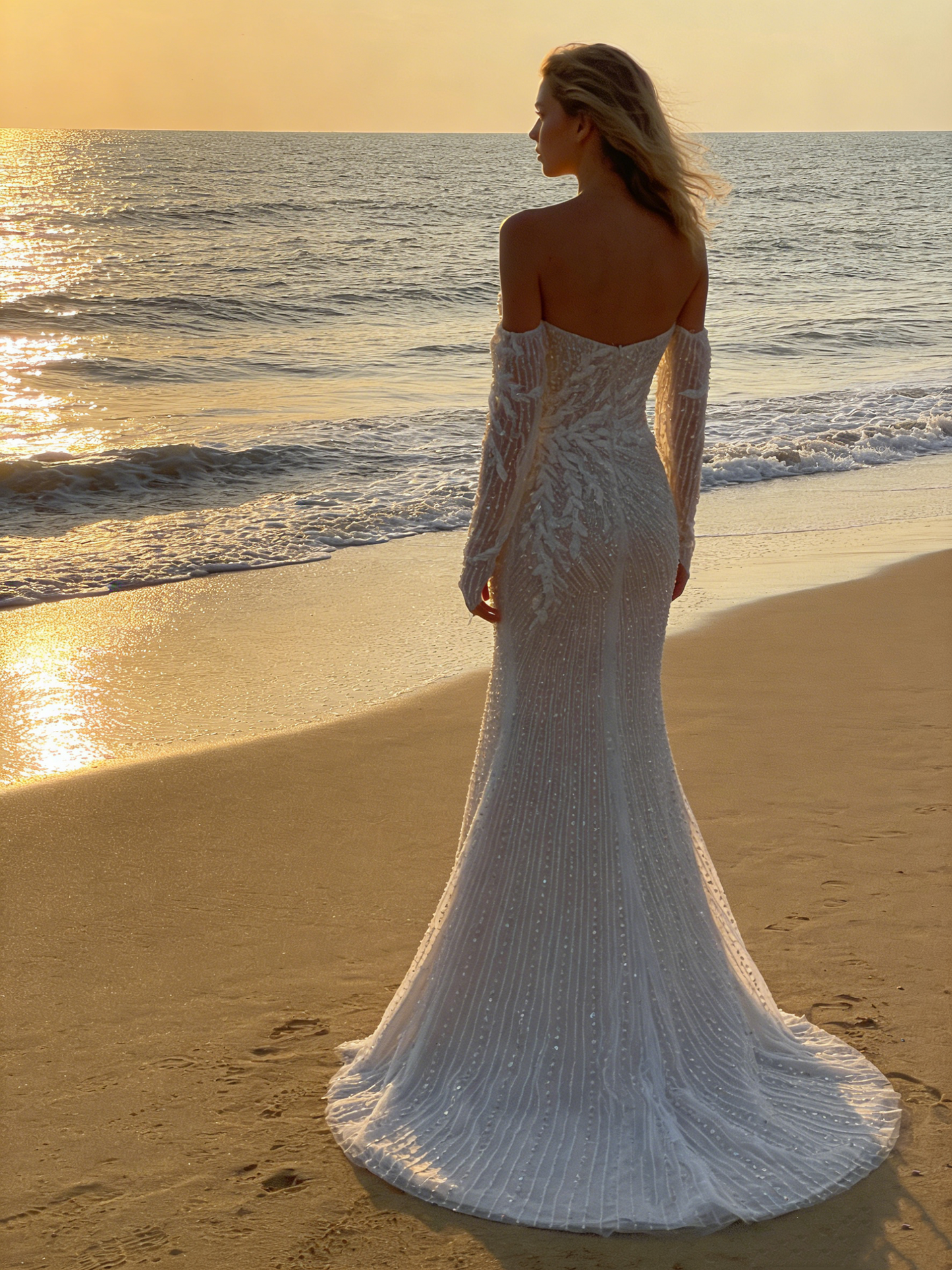 CS194 Beaded Mermaid Wedding Dress with Detachable Off-the-Shoulder Long Sleeves