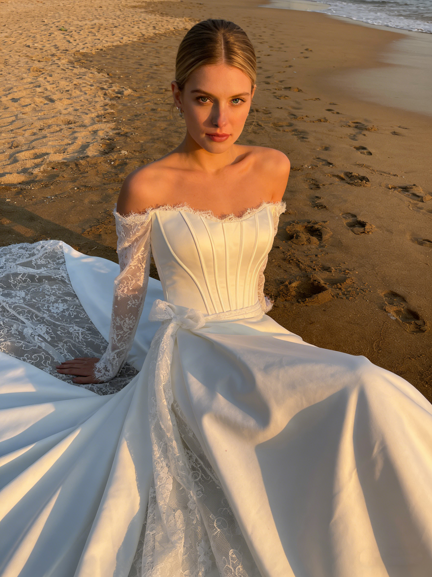 CS150 Elegant Satin A-Line Wedding Dress with Off-the-Shoulder Lace Sleeves & Corset Bodice