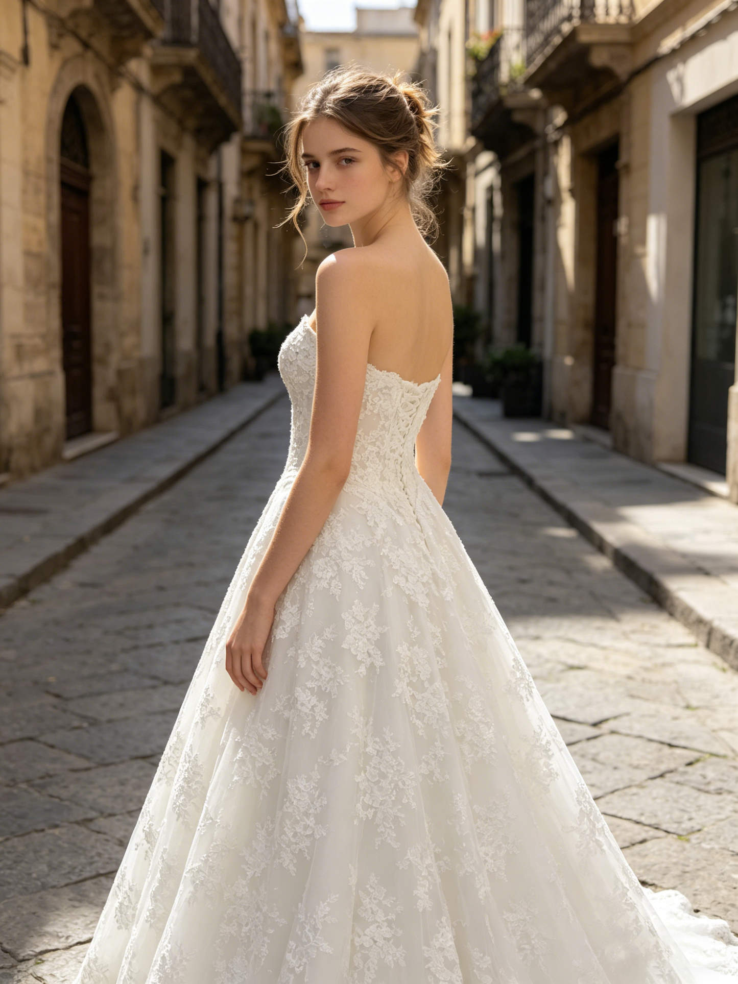 CS318 Strapless Lace A-Line Wedding Dress with Corset Bodice & Chapel Train