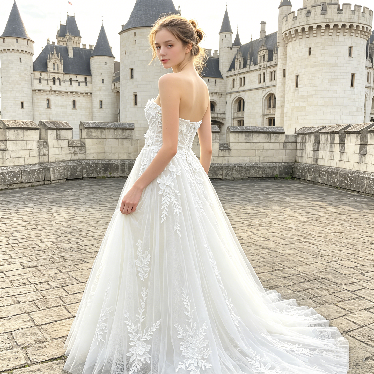 CS355 Strapless 3D Floral Lace A-Line Wedding Dress with Illusion Corset Back