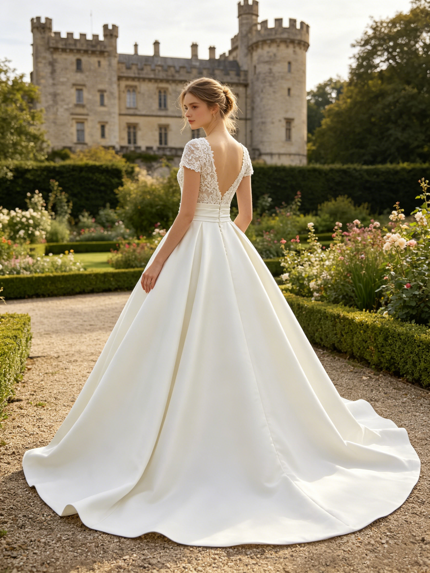 CS435 Short Sleeve Lace & Satin A-Line Wedding Dress with Corset Bodice