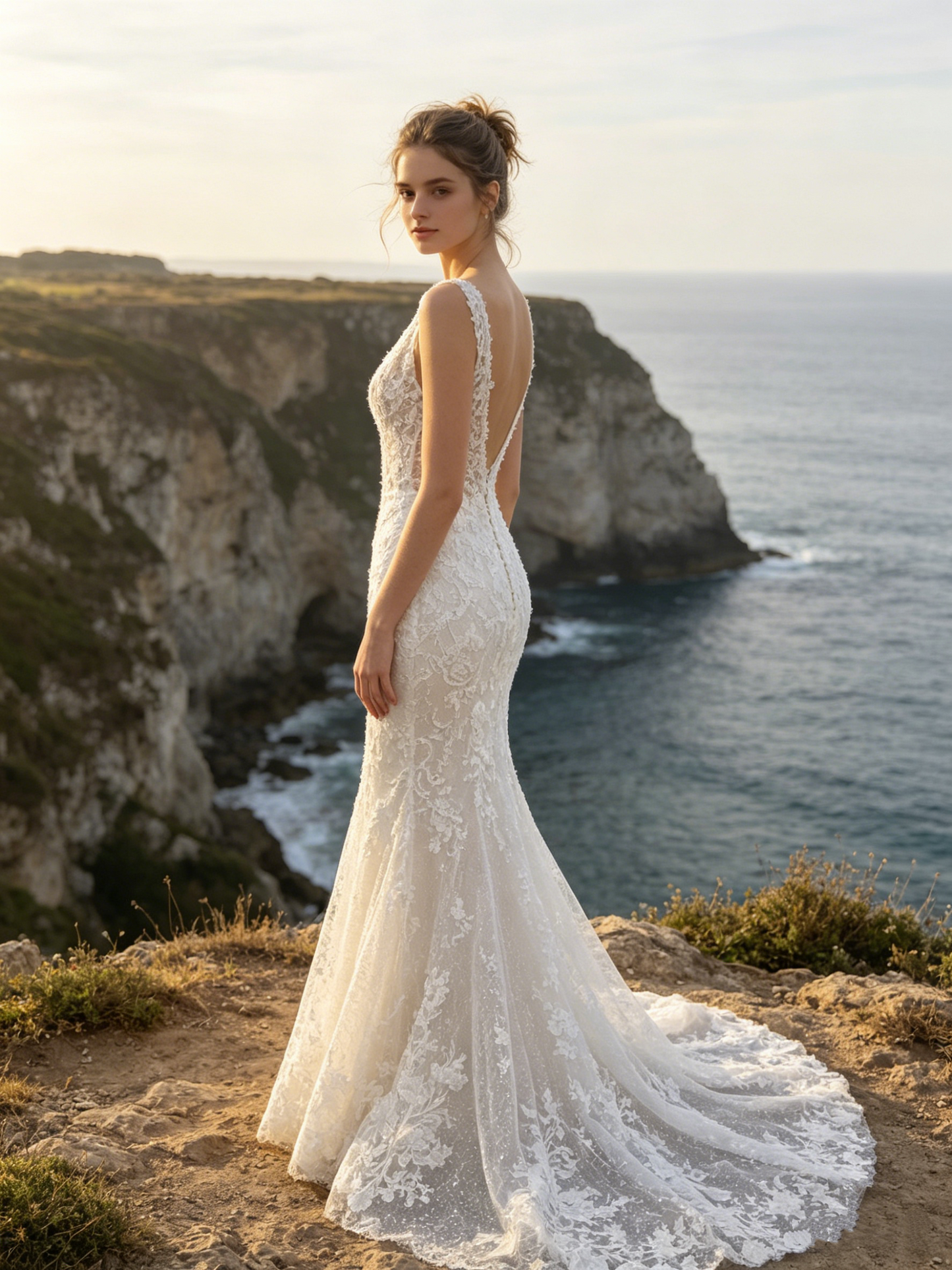CS353 Beaded Lace Mermaid Wedding Dress with Plunge V-Neck & Low V-Back