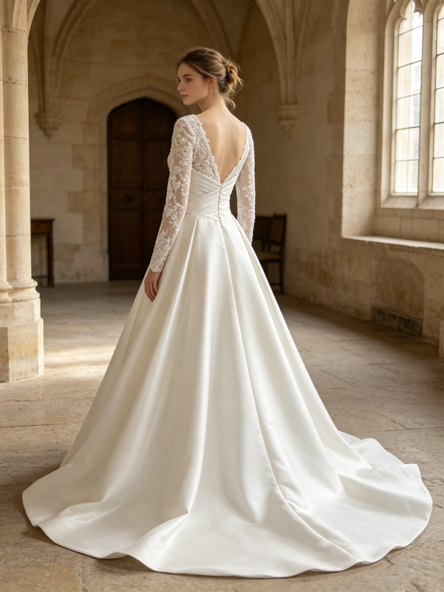 CS434 Long Sleeve Lace & Satin A-Line Wedding Dress with Corset Bodice