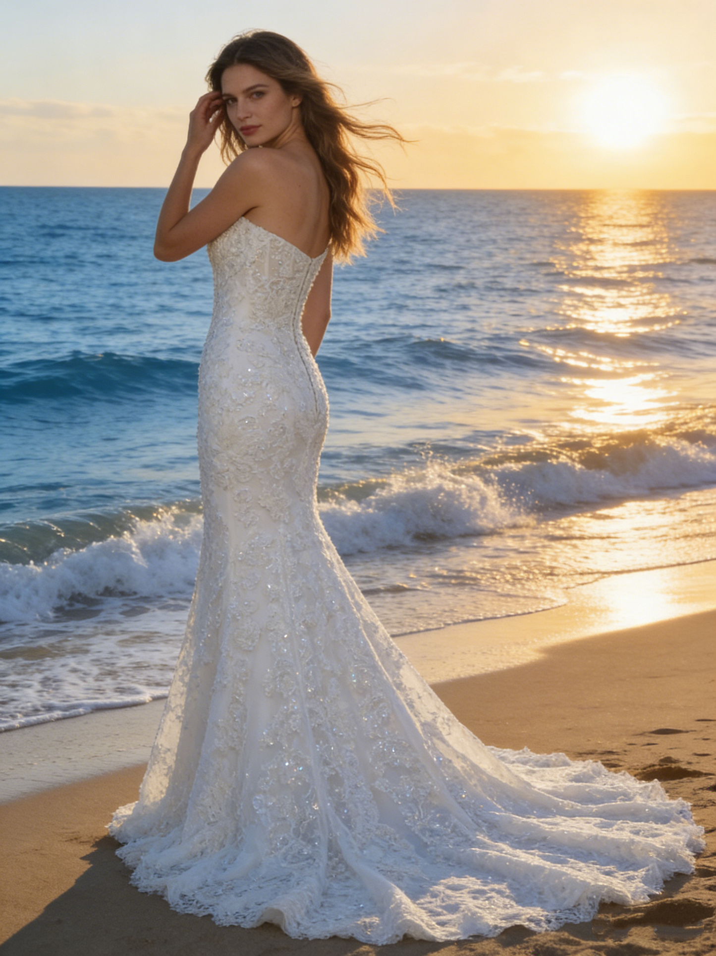 CS121 Luxury Beaded Lace Off-the-Shoulder Mermaid Wedding Dress with Cathedral Train
