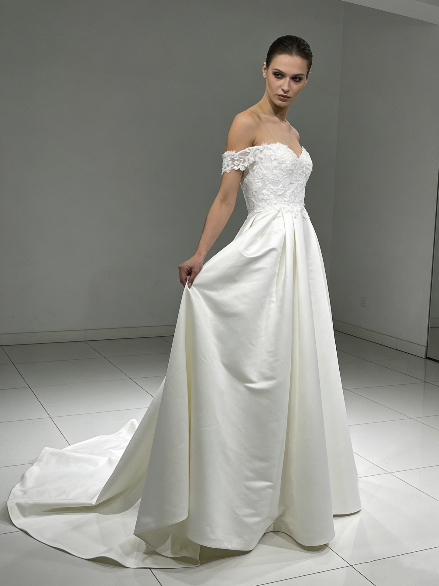Elegant Off-the-Shoulder Satin A-Line Wedding Dress with Lace Bodice LJX228 Bridal Gown