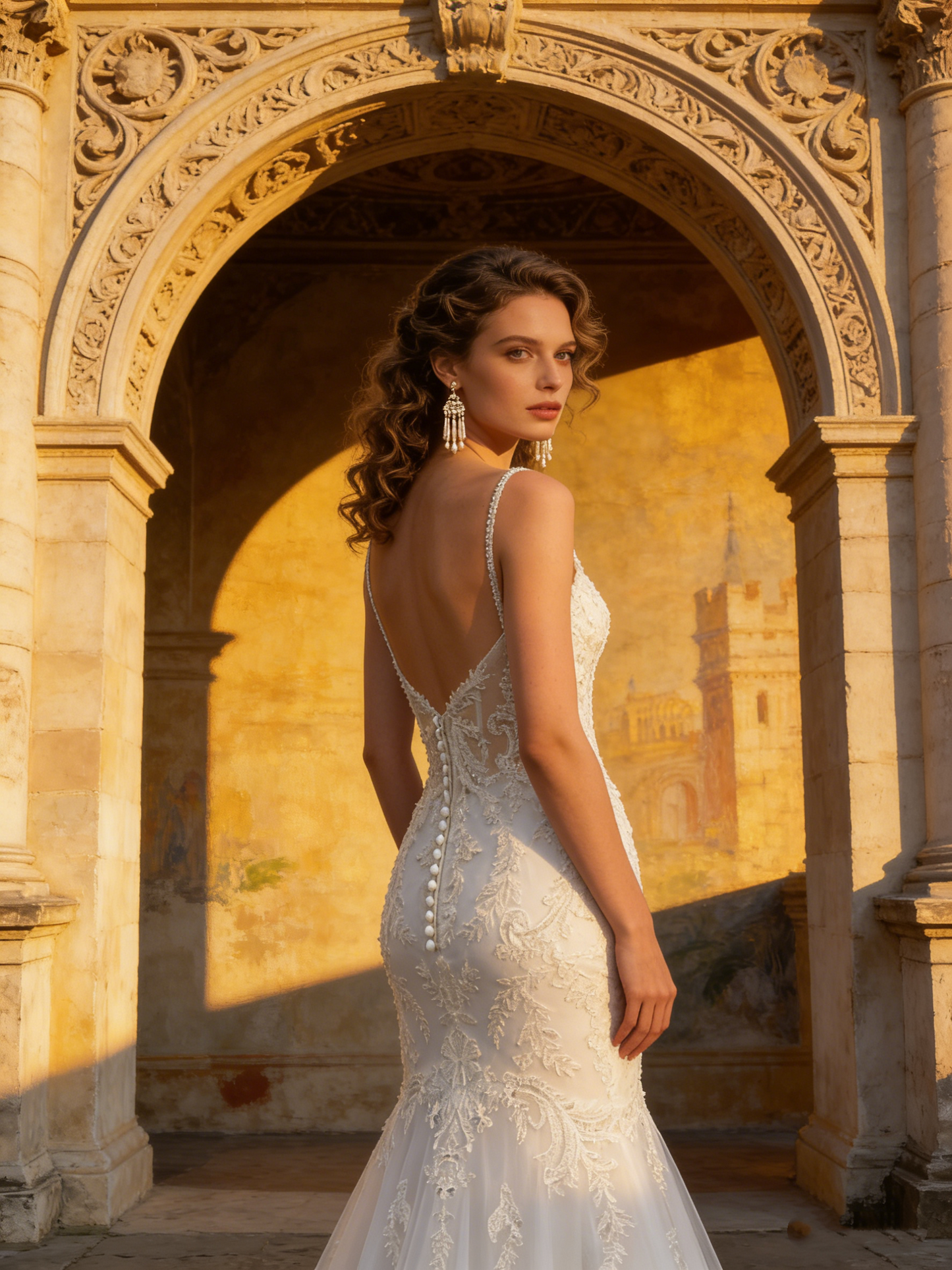 CS107 Elegant Lace Mermaid Wedding Dress with Spaghetti Straps & Illusion Back