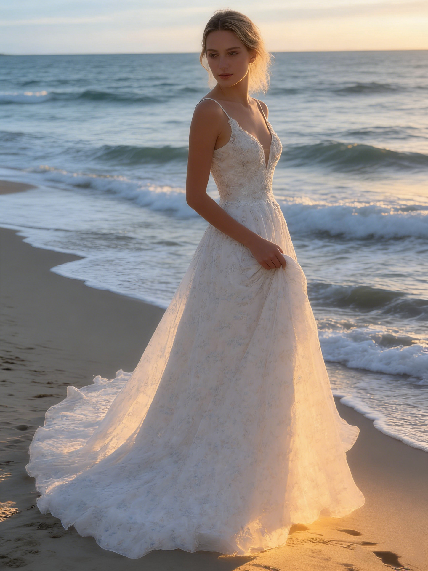 CS161 Romantic Floral Print A-Line Wedding Dress with Deep V-Neck & Open Back