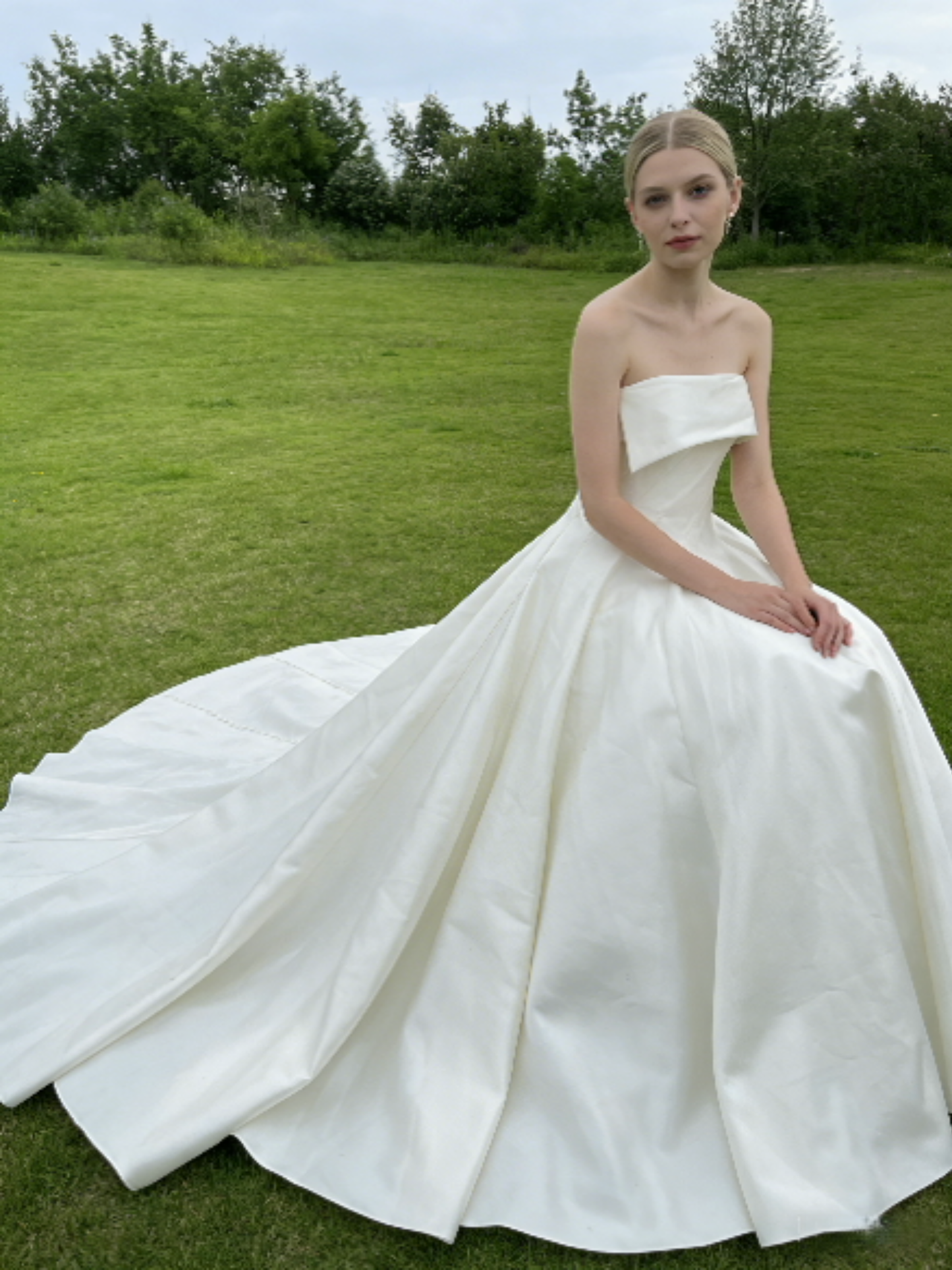 Strapless Asymmetric Neck Satin A-Line Wedding Dress | 1440 Bridal Gown