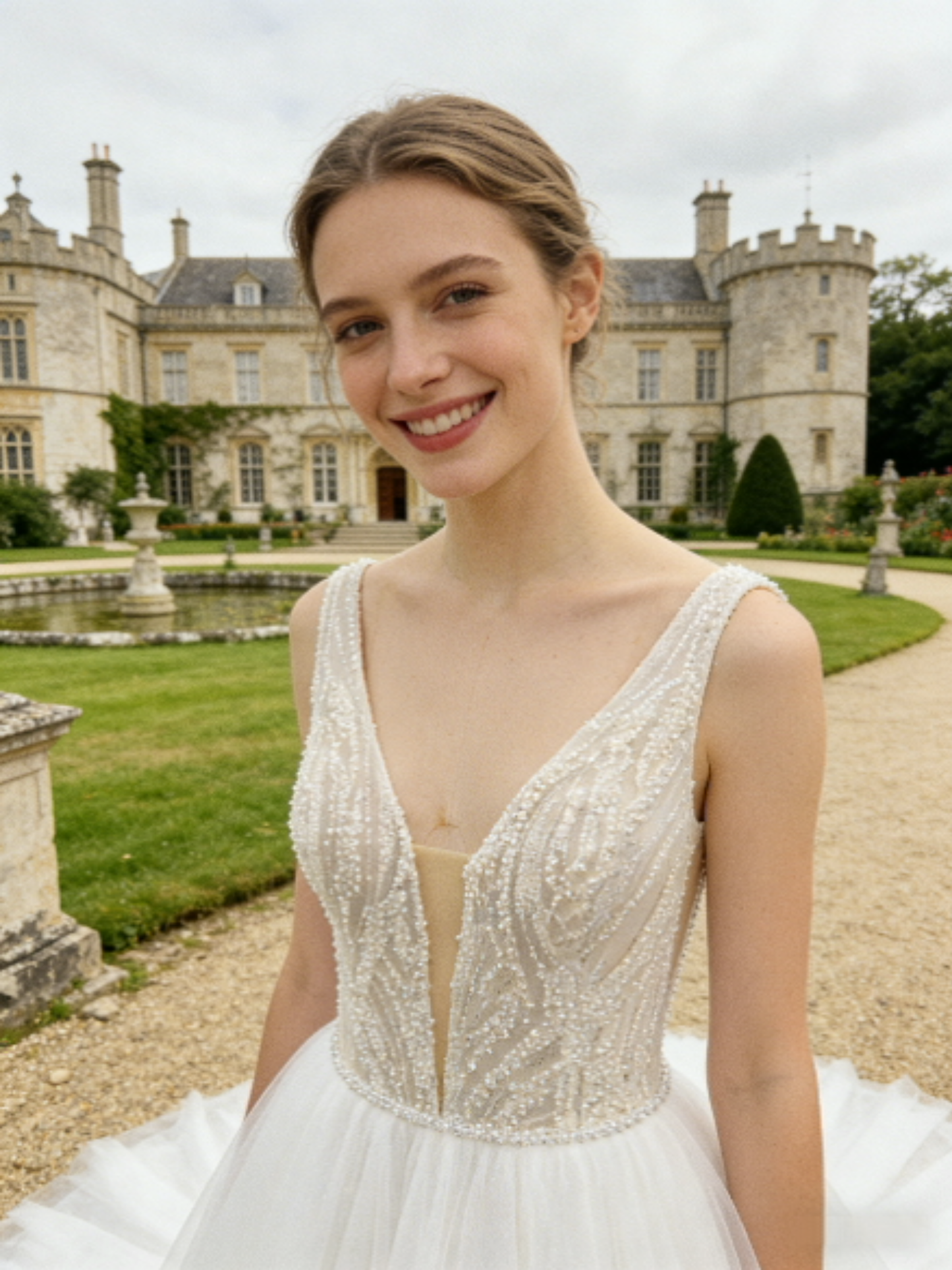 JF007 Elegant Deep V-neck Tulle Ball Gown Wedding Dress with Beaded Bodice