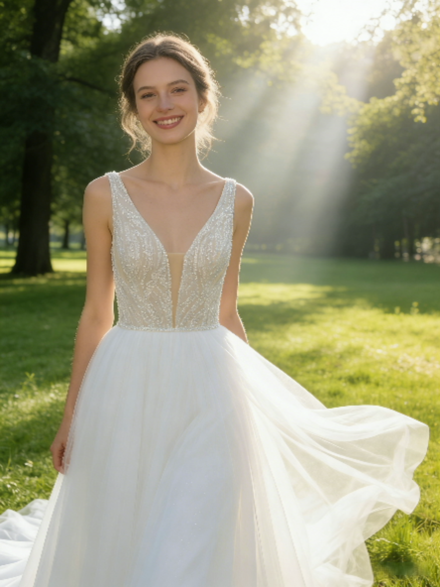 JF007 Elegant Deep V-neck Tulle Ball Gown Wedding Dress with Beaded Bodice