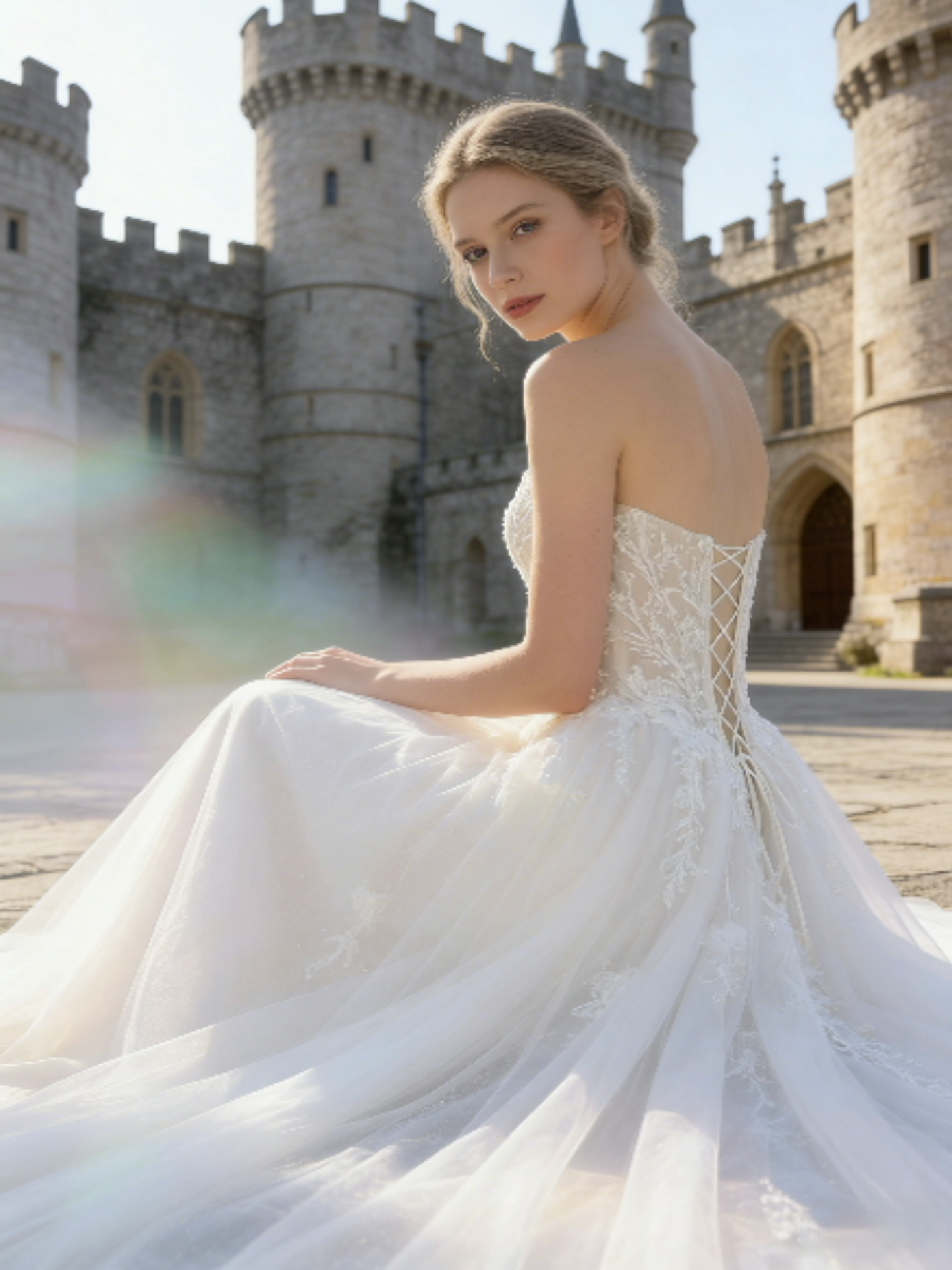 JF009 Elegant Strapless Lace A-Line Wedding Dress with Corset Back & Cathedral Train