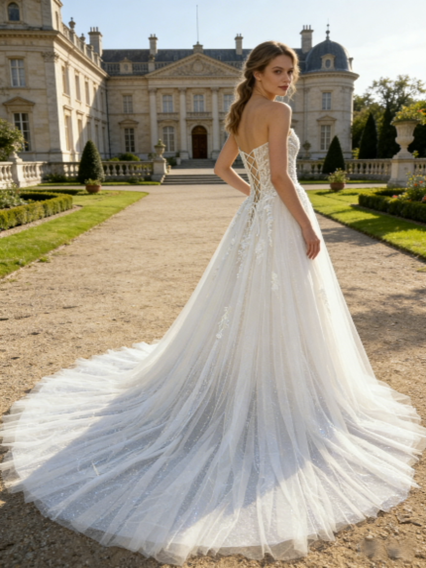 JF009 Elegant Strapless Lace A-Line Wedding Dress with Corset Back & Cathedral Train