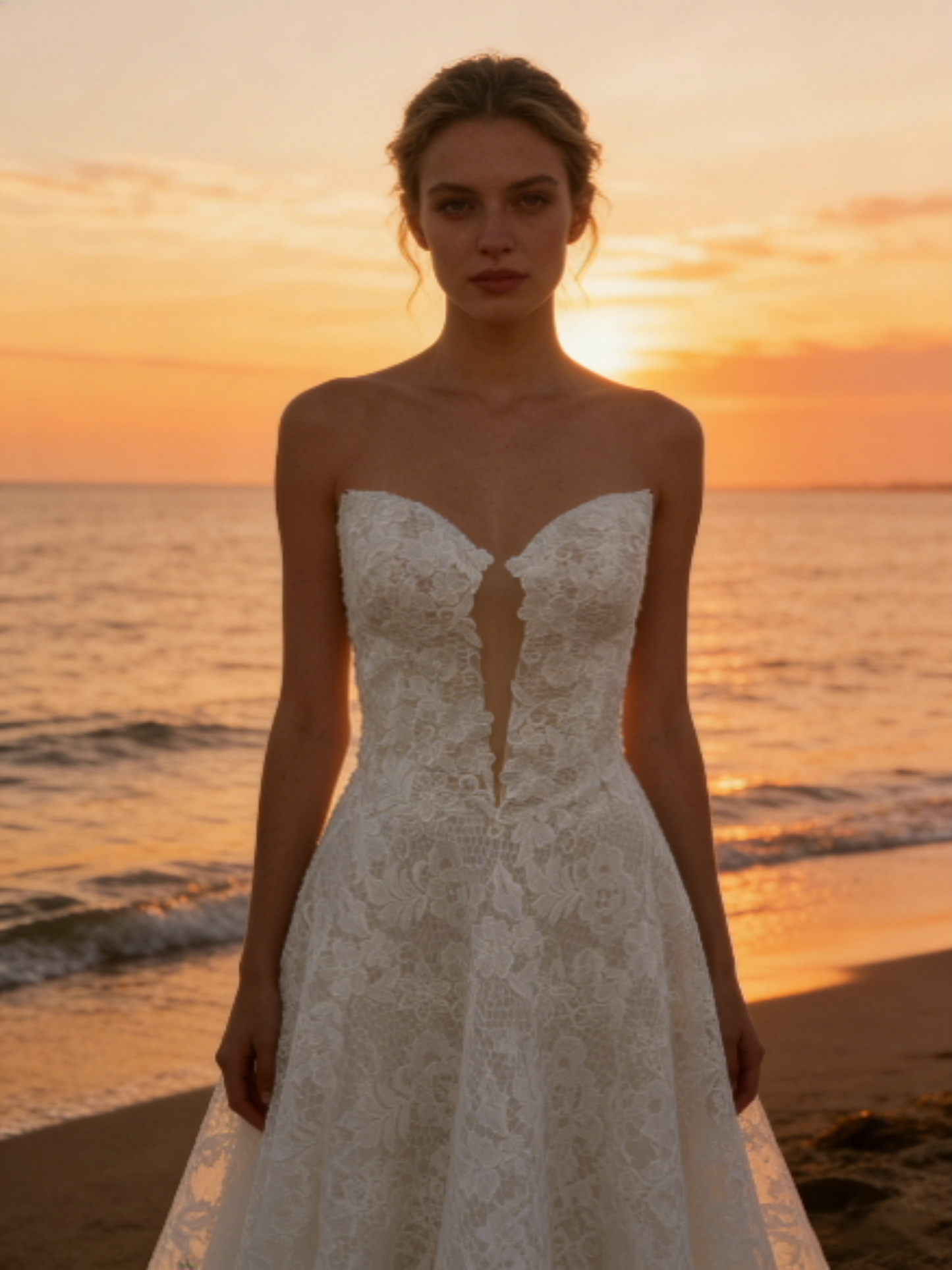 JF045 Strapless Lace A-Line Wedding Dress with Plunge Neck & Corset Back