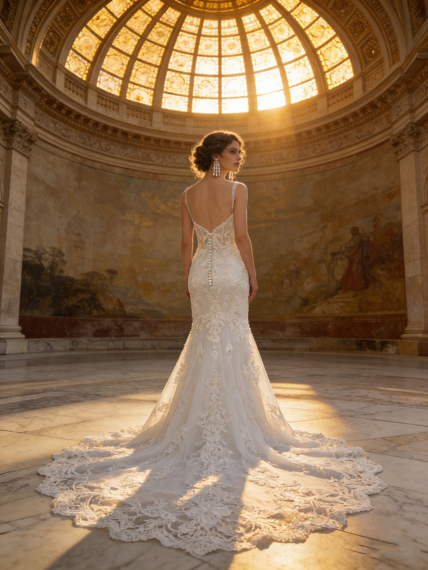 CS107 Elegant Lace Mermaid Wedding Dress with Spaghetti Straps & Illusion Back